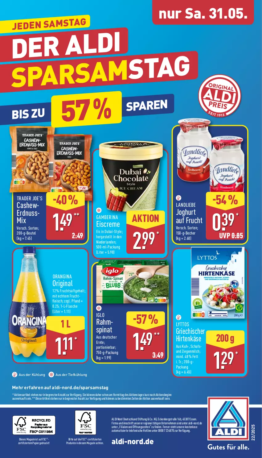 Aktueller Prospekt Aldi Nord - Von Montag - von 26.05 bis 31.05.2025 - strona 36 - produkty: aldi, Amber, aus der tiefkühlung, auto, Becher, beutel, Cashew, creme, eis, eiscreme, erdnuss, flasche, fleisch, frucht, fruchtsaft, gin, hirtenkäse, iglo, joghur, joghurt, Käse, landliebe, magazin, milch, nuss, Nussmix, orangina, papier, saft, spinat, telefon, Ti, ZTE