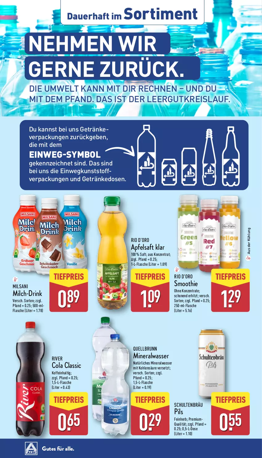 Aktueller Prospekt Aldi Nord - Von Montag - von 26.05 bis 31.05.2025 - strona 37 - produkty: Alwa, apfel, apfelsaft, auer, cola, d'oro, drink, eis, flasche, getränk, getränke, milch, mineralwasser, natürliches mineralwasser, pils, Quellbrunn, reis, saft, smoothie, Ti, tiefpreis, wasser