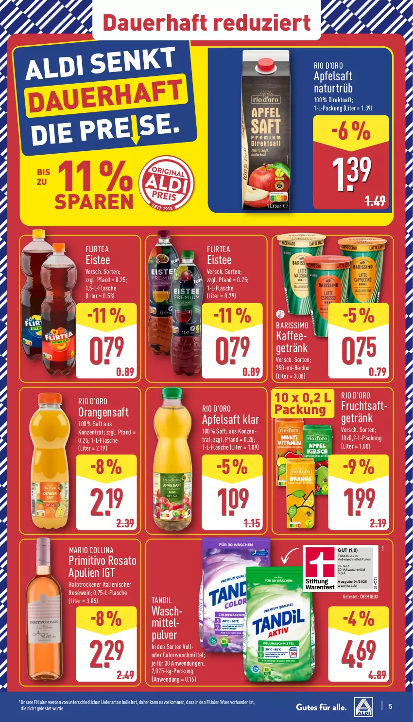Aktueller Prospekt Aldi Nord - Von Montag - von 26.05 bis 31.05.2025 - strona 5 - produkty: apfel, apfelsaft, auer, Becher, colorwaschmittel, direktsaft, eis, eistee, erde, flasche, frucht, fruchtsaft, fruchtsaftgetränk, getränk, kaffee, natur, orange, orangen, orangensaft, primitivo, rosato, roséwein, saft, sim, tee, Ti, vollwaschmittel, waschmittel, wein