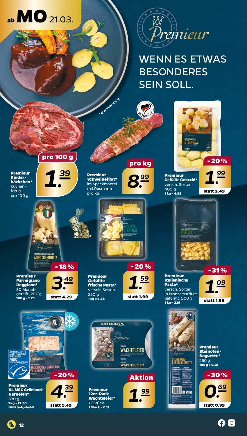 Aktueller Prospekt Netto - Angebote ab Montag - von 21.03 bis 26.03.2022 - strona 12 - produkty: baguette, eier, filet, Frische Pasta, garnelen, gnocchi, italienische pasta, küche, Küchen, Mantel, Ofen, parmigiano, parmigiano reggiano, pasta, reggiano, rind, rinder, rosmarin, schwein, schweine, schweinefilet, Speck, steinofen, Ti, wein, weine