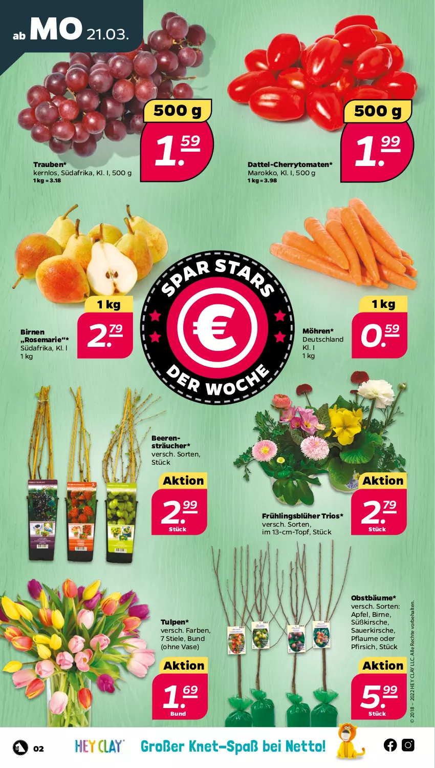 Aktueller Prospekt Netto - Angebote ab Montag - von 21.03 bis 26.03.2022 - strona 2 - produkty: apfel, auer, beere, beeren, Birnen, cherrytomaten, kirsch, kirsche, möhren, obst, pfirsich, pflaume, Ti, tomate, tomaten, topf, trauben, Vase