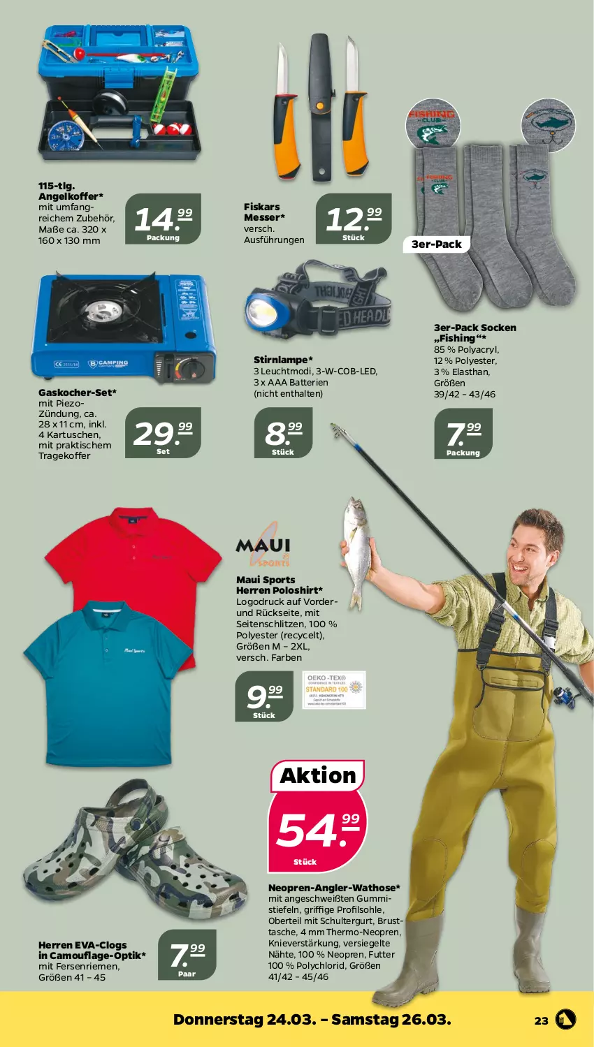 Aktueller Prospekt Netto - Angebote ab Montag - von 21.03 bis 26.03.2022 - strona 23 - produkty: batterie, batterien, Clogs, fiskars, Gummistiefel, herren poloshirt, hose, Kocher, koffer, Lampe, LG, messer, poloshirt, schultergurt, shirt, socken, Sport, Tasche, Ti, tisch