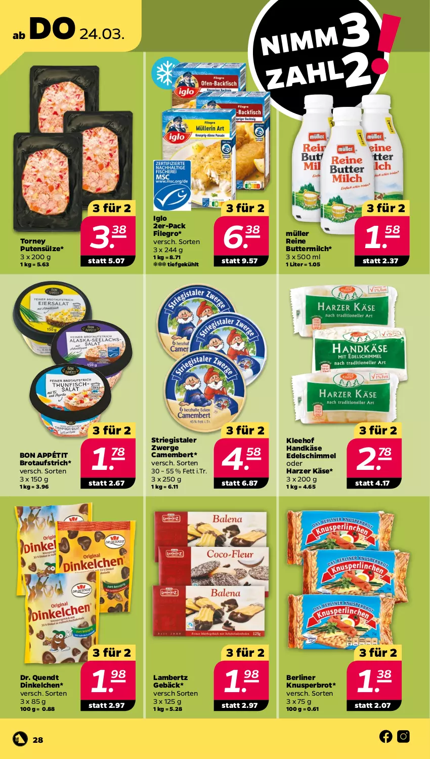 Aktueller Prospekt Netto - Angebote ab Montag - von 21.03 bis 26.03.2022 - strona 28 - produkty: Amber, aufstrich, berliner, brot, brotaufstrich, butter, buttermilch, camembert, filegro, iglo, Käse, lambertz, milch, Müller, ndk, pute, reine buttermilch, Ti