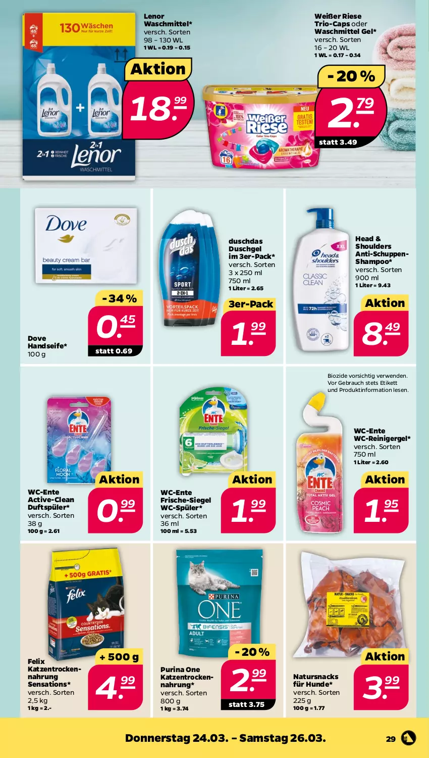 Aktueller Prospekt Netto - Angebote ab Montag - von 21.03 bis 26.03.2022 - strona 29 - produkty: bio, Cap, dove, duschdas, duschgel, ente, felix, Handseife, lenor, lenor waschmittel, natur, purina, Rauch, reiniger, rwe, Seife, sensations, shampoo, snack, snacks, Ti, Trockennahrung, waschmittel, wc-reiniger