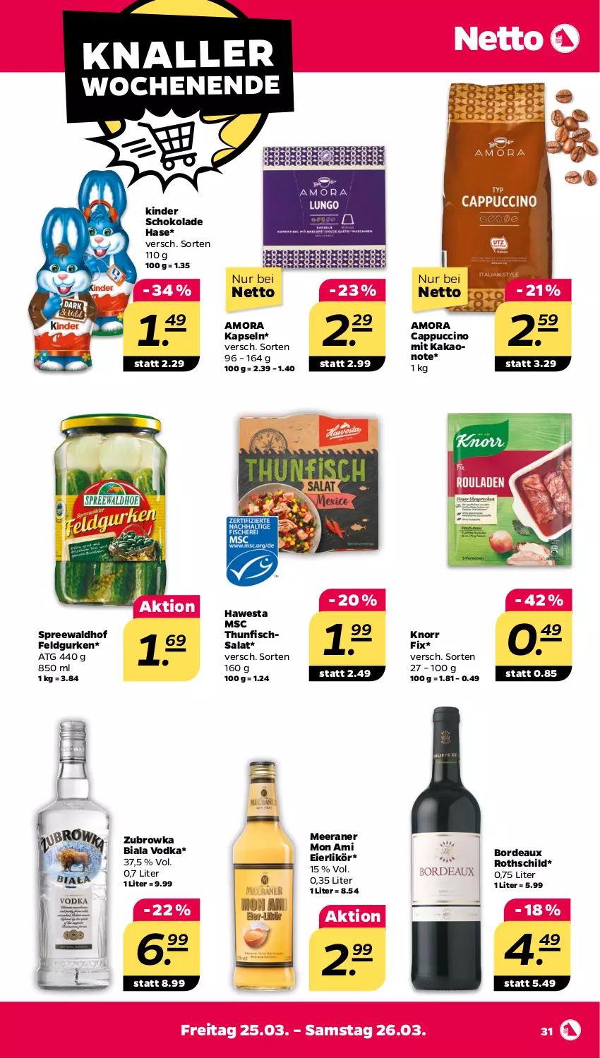 Aktueller Prospekt Netto - Angebote ab Montag - von 21.03 bis 26.03.2022 - strona 31 - produkty: Cap, cappuccino, cin, eier, eierlikör, fisch, gurke, gurken, hawesta, kakao, Kinder, kinder schokolade, knorr, knorr fix, likör, salat, schoko, schokolade, spreewaldhof, thunfisch, Thunfischsalat, Ti, vodka