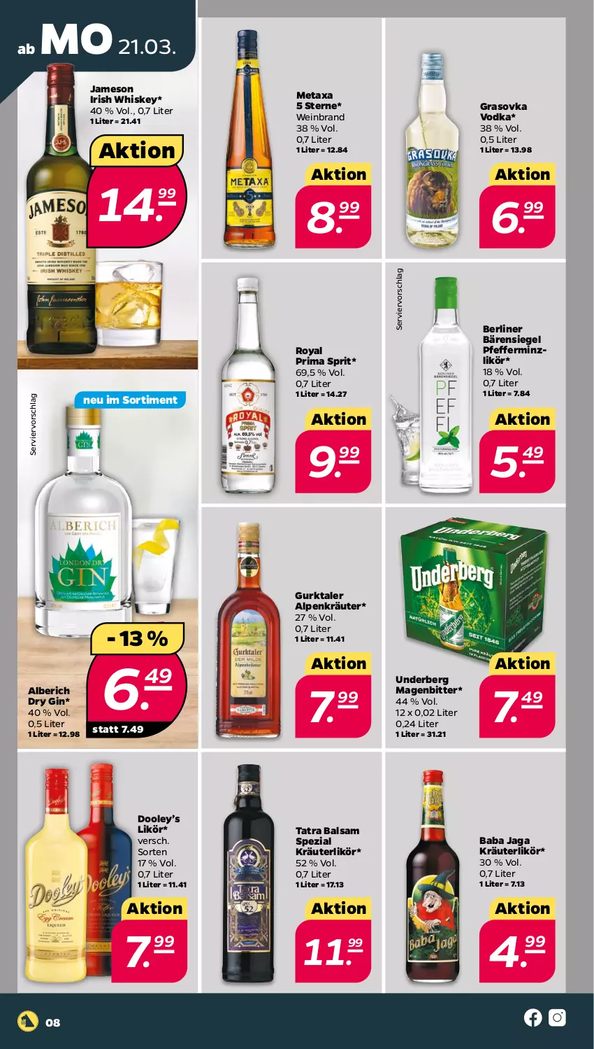 Aktueller Prospekt Netto - Angebote ab Montag - von 21.03 bis 26.03.2022 - strona 8 - produkty: balsam, berliner, dry gin, gin, Gurktaler, irish whiskey, jameson, kräuter, kräuterlikör, likör, Metaxa, pfeffer, pfefferminzlikör, Spezi, Ti, underberg, vodka, wein, weinbrand, whiskey