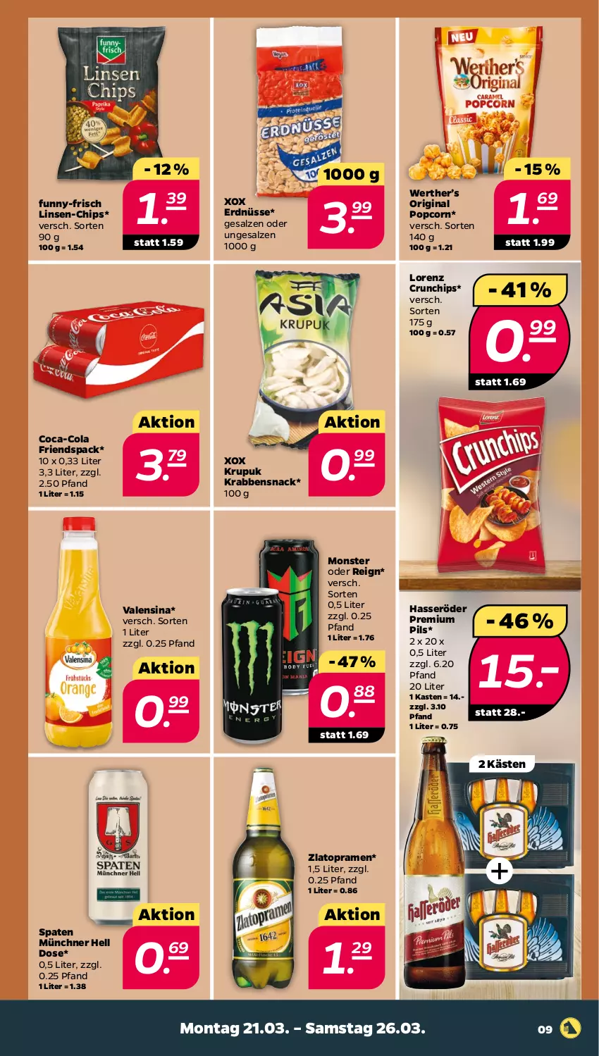 Aktueller Prospekt Netto - Angebote ab Montag - von 21.03 bis 26.03.2022 - strona 9 - produkty: chips, coca-cola, cola, crunchips, erdnüsse, funny-frisch, gin, hasseröder, linsen, lorenz, lorenz crunchips, monster, pils, popcorn, premium pils, salz, snack, Spaten, Ti, valensina