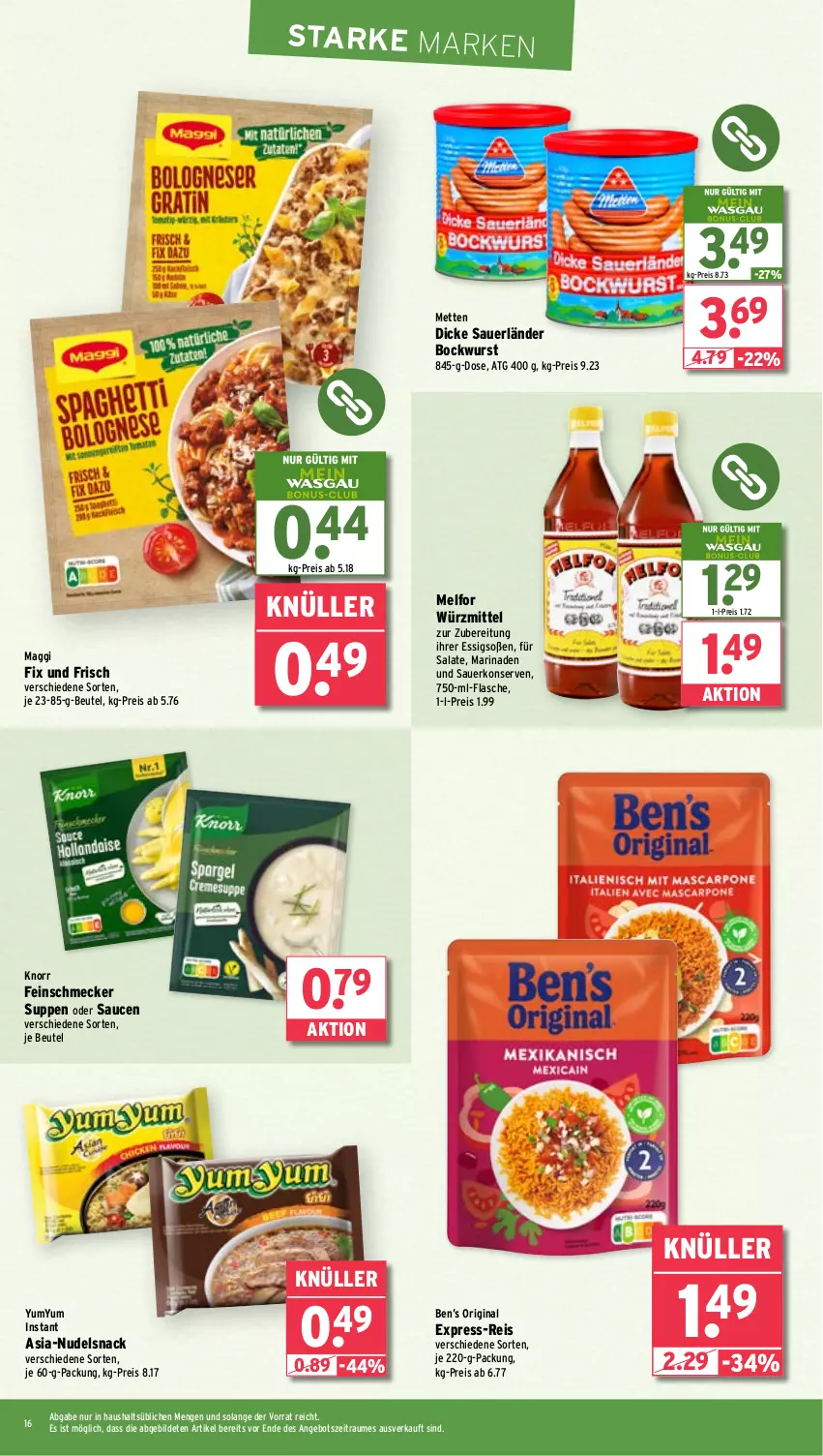 Aktueller Prospekt Wasgau - von 10.06 bis 14.06.2025 - strona 16 - produkty: angebot, auer, Ben’s Original, beutel, bockwurst, Dicke Sauerländer Bockwurst, eis, essig, express-reis, feinschmecker, flasche, gin, knorr, Konserven, maggi, maggi fix, marinade, Mett, metten, nudel, reis, salat, salate, sauce, saucen, snack, Soße, suppe, suppen, Ti, wurst