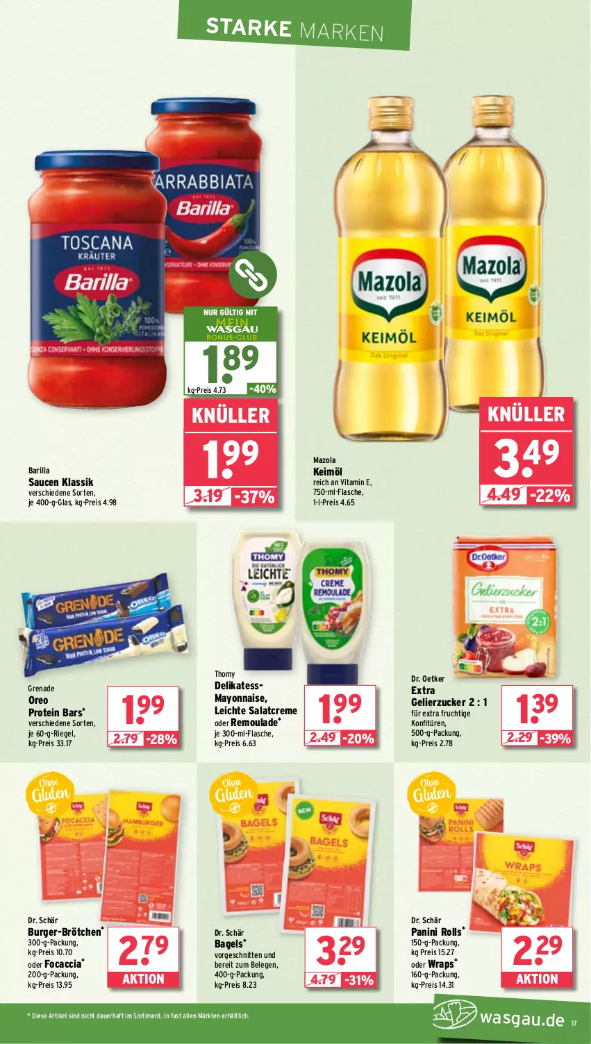 Aktueller Prospekt Wasgau - von 10.06 bis 14.06.2025 - strona 17 - produkty: ACC, auer, Bagel, barilla, brötchen, burger, creme, Dr. Oetker, eis, flasche, Focaccia, frucht, gelierzucker, keimöl, konfitüre, konfitüren, mayonnaise, mazola, oreo, reis, remoulade, riegel, salat, salatcreme, sauce, saucen, schnitten, thomy, Ti, vita, wrap, wraps, Yo, zucker