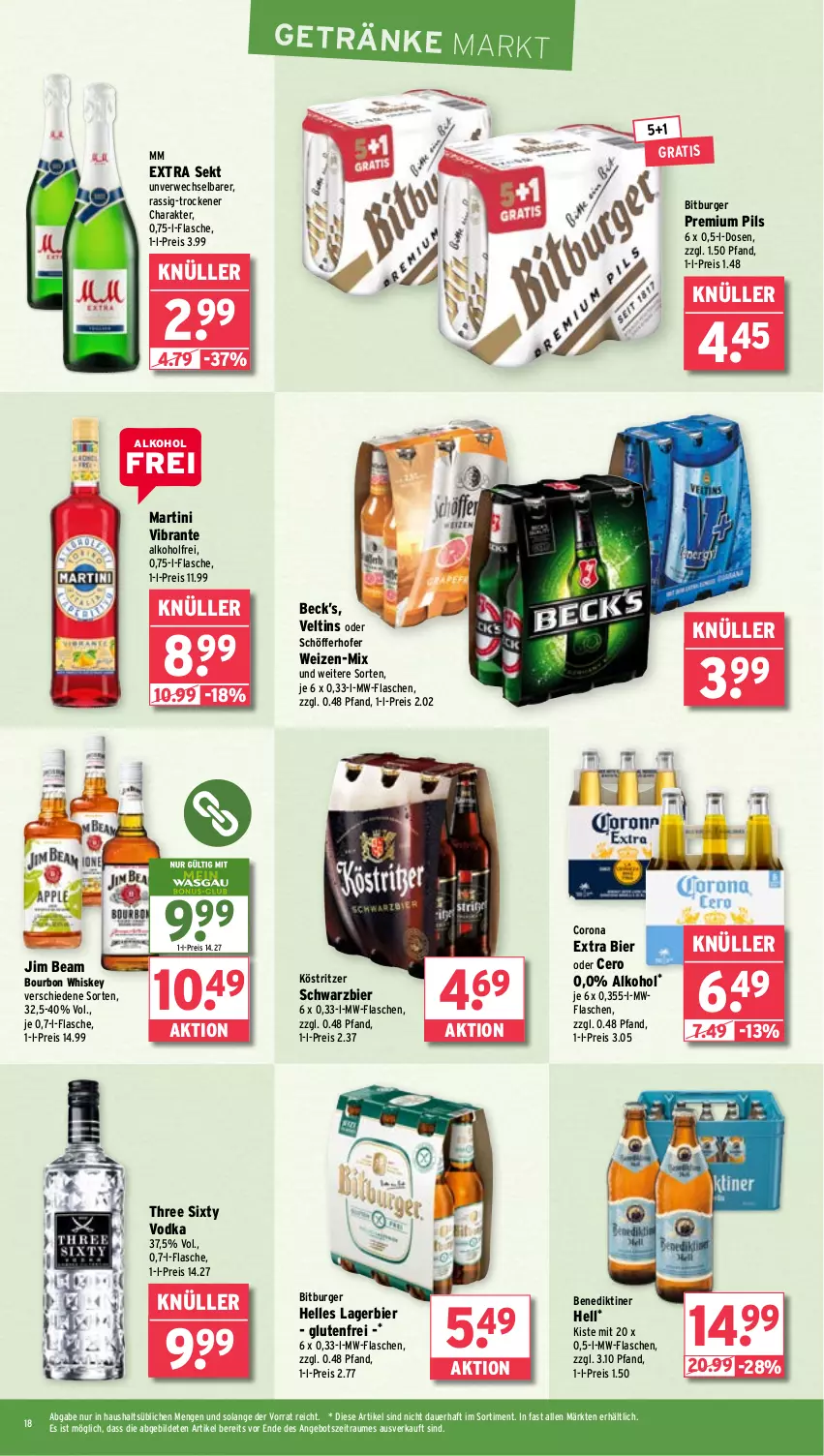 Aktueller Prospekt Wasgau - von 10.06 bis 14.06.2025 - strona 18 - produkty: alkohol, angebot, auer, Benediktiner, bier, bitburger, bourbon, bourbon whiskey, burger, corona, eis, elle, flasche, getränk, getränke, jim beam, köstritzer, Lagerbier, martini, mm extra, mw-flasche, pils, premium pils, reis, rwe, schöfferhofer, sekt, Three Sixty, Ti, veltins, vodka, whiskey