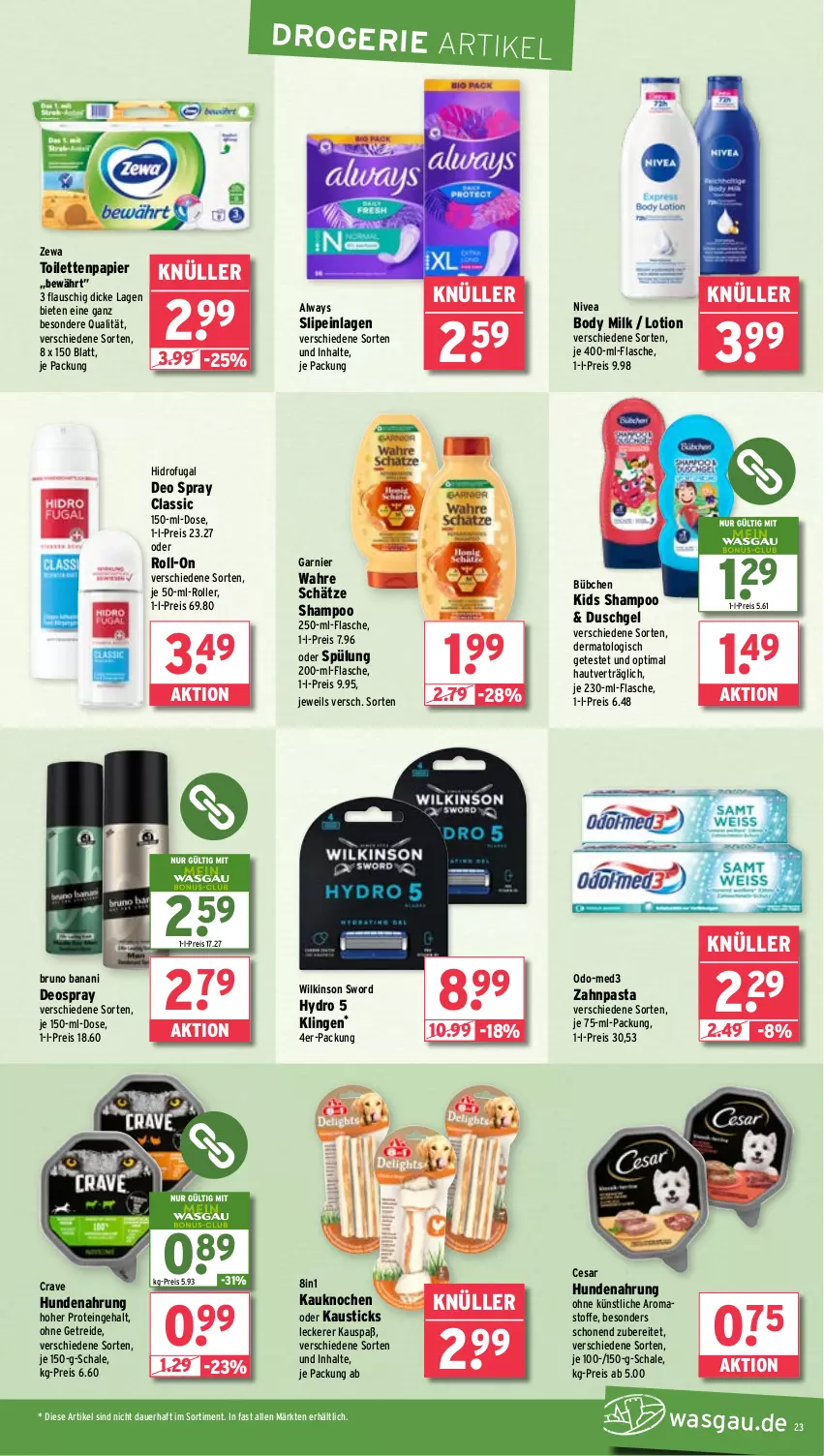 Aktueller Prospekt Wasgau - von 10.06 bis 14.06.2025 - strona 23 - produkty: Alwa, Always, auer, aust, body, body milk, bruno banani, bübchen, deo, deo spray, deospray, duschgel, eis, flasche, garnier, hundenahrung, Lotion, nivea, papier, pasta, reis, roll-on, Roller, Schal, Schale, shampoo, slip, slipeinlagen, spülung, Ti, toilettenpapier, Wahre Schätze, wilkinson, zahnpasta, zewa