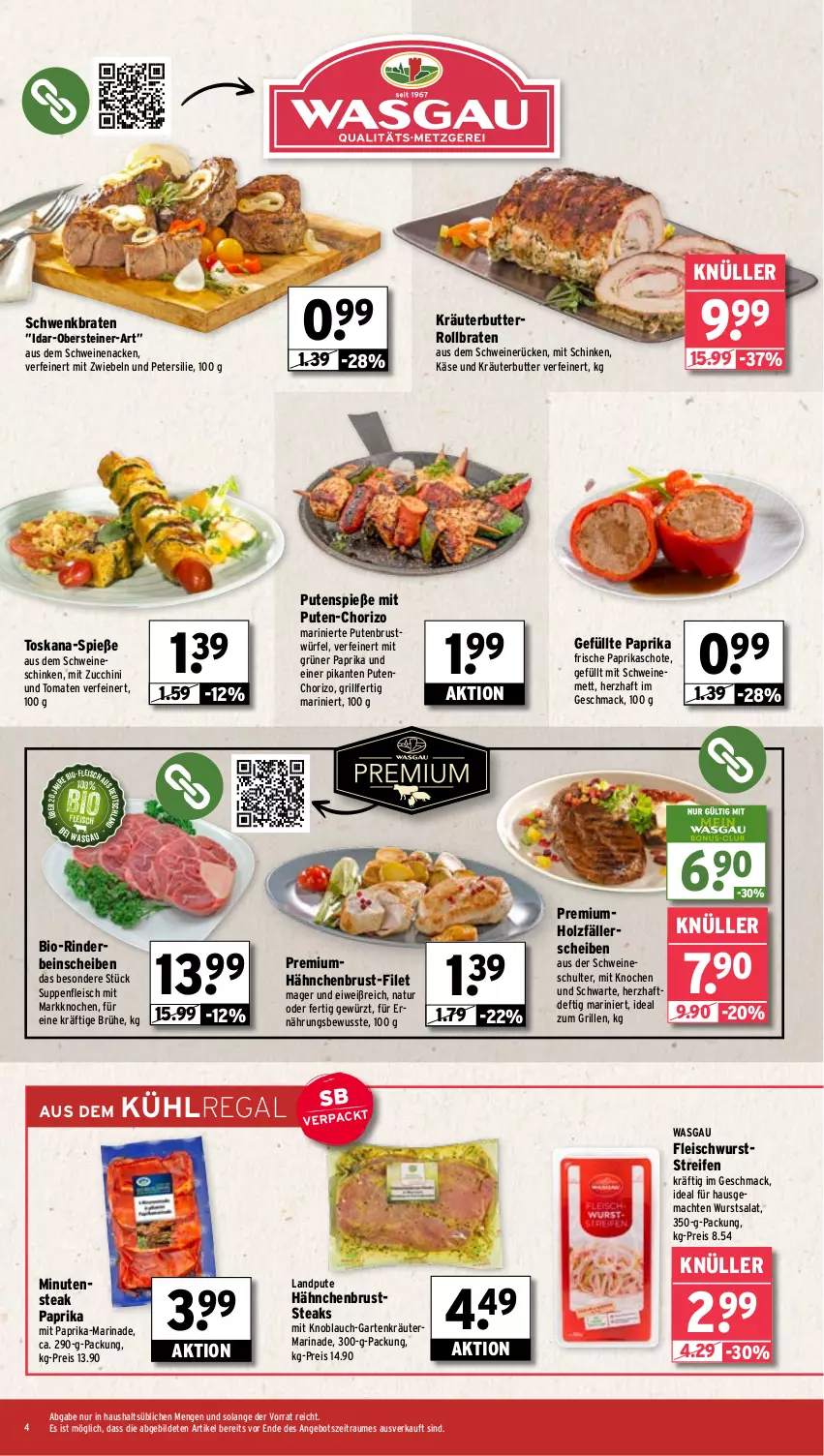 Aktueller Prospekt Wasgau - von 10.06 bis 14.06.2025 - strona 4 - produkty: angebot, bio, braten, Brühe, butter, chorizo, eis, filet, fleisch, fleischwurst, Garten, gewürz, grill, hähnchenbrust, Holz, ideal zum grillen, Käse, knoblauch, kräuter, kräuterbutter, kühlregal, mac, marinade, Mett, mit knoblauch, mit paprika, mit zwiebeln, natur, paprika, petersilie, pute, putenbrust, regal, reifen, reis, rind, rinder, rollbraten, salat, schinken, schwein, schweine, schweinemett, schweinenacken, schweinerücken, steak, steaks, steiner, suppe, suppen, suppenfleisch, Ti, tomate, tomaten, wein, weine, würfel, wurst, zucchini, zwiebel, zwiebeln