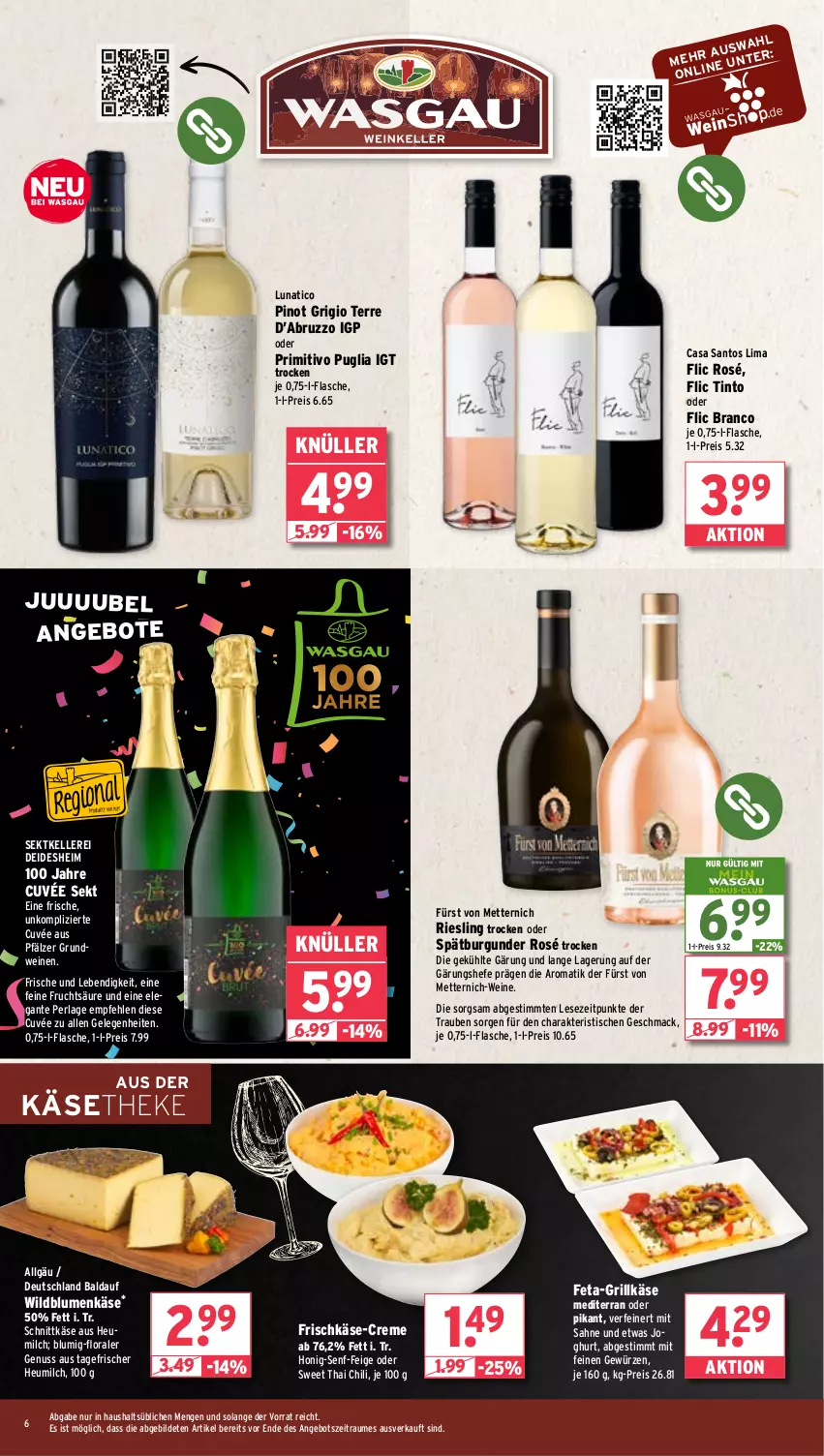 Aktueller Prospekt Wasgau - von 10.06 bis 14.06.2025 - strona 6 - produkty: angebot, angebote, blume, blumen, burgunder, chili, creme, cuvée, eis, elle, feta, flasche, frischkäse, frucht, fürst von metternich, gewürz, grill, Grillkäse, Hefe, Heu, heumilch, honig, Honig-Senf, joghur, joghurt, Käse, käsetheke, LG, mac, Mett, metternich, milch, nuss, perla, Pinot, pinot grigio, primitivo, reis, riesling, sahne, schnittkäse, sekt, senf, spätburgunder, Ti, tisch, trauben, wein, weine, Wild, Wildblumenkäse