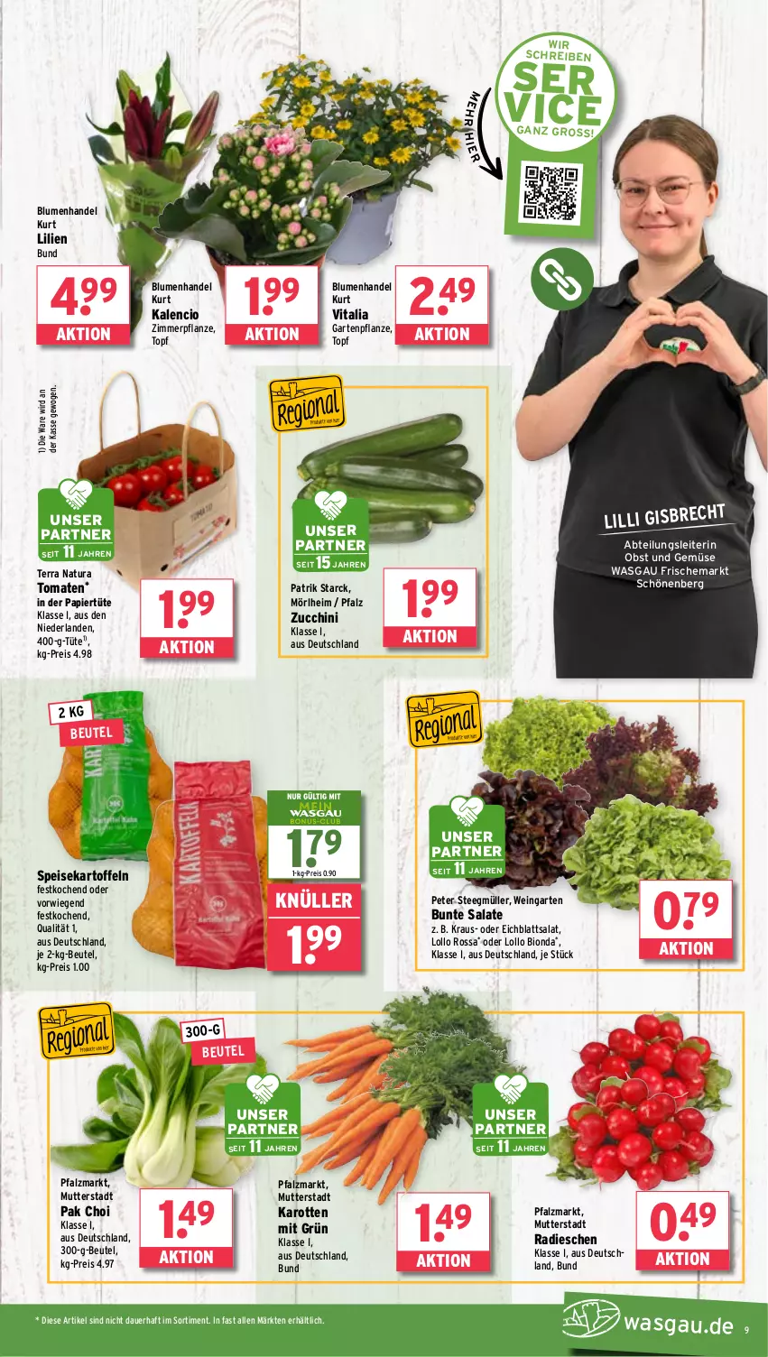 Aktueller Prospekt Wasgau - von 10.06 bis 14.06.2025 - strona 9 - produkty: Abtei, auer, beutel, bio, blume, blumen, bunte salate, Eichblattsalat, eis, Garten, Gartenpflanze, karotten, kartoffel, kartoffeln, Müller, natur, natura, obst, Obst und Gemüse, Pak Choi, papier, Papiertüte, pflanze, radieschen, reis, salat, salate, speisekartoffeln, tee, Ti, tomate, tomaten, topf, Tüte, und gemüse, vita, wein, zucchini