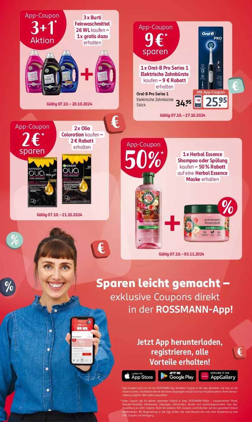 Aktueller Prospekt Rossmann - Prospekte - von 07.10 bis 03.11.2024 - strona 2 - produkty: angebot, angebotspreis, bürste, burti, coupon, coupons, eis, elektrische zahnbürste, feinwaschmittel, gutschein, gutscheine, mac, Maske, oral-b, reis, shampoo, shampoo oder spülung, spülung, Ti, waschmittel, zahnbürste