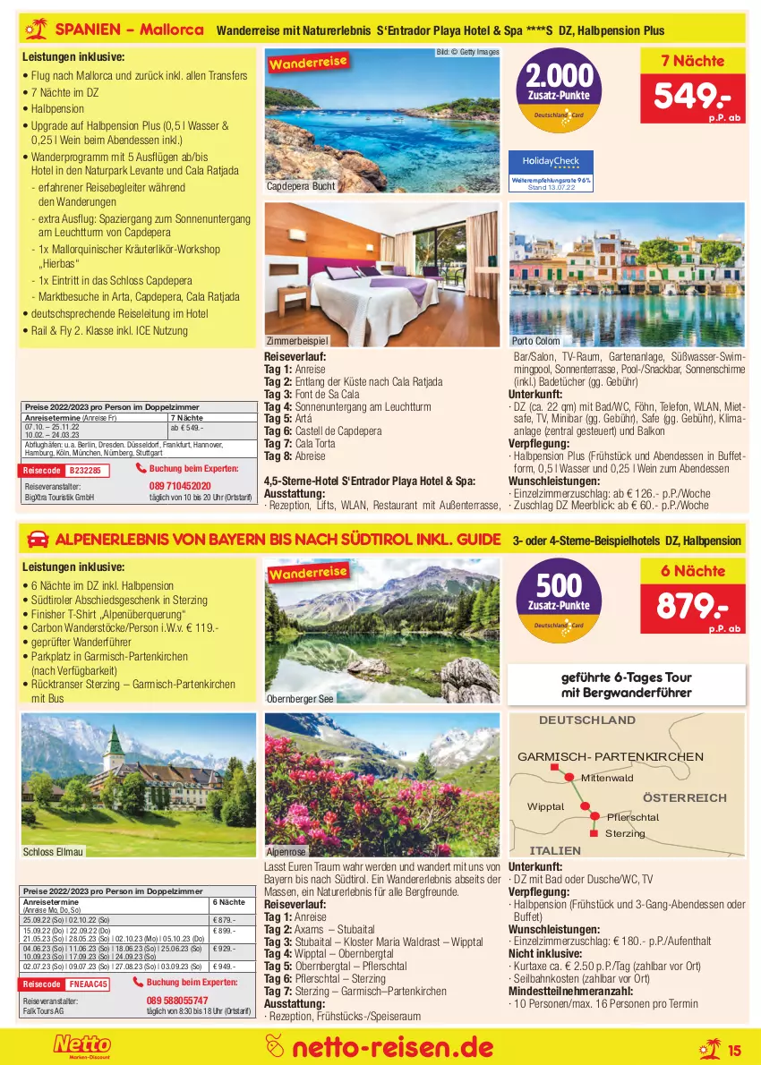 Aktueller Prospekt Netto Marken-Discount - Reise-Angebote August - von 28.07 bis 31.08.2022 - strona 15 - produkty: anreisetermine, axe, Bad, Berger, Brei, buch, Cap, dusche, eis, ente, erde, Finish, Garten, kräuter, kräuterlikör, kurtaxe, likör, natur, pool, reis, reiseveranstalter, reiseverlauf, rezept, Ria, schirme, shirt, snack, sonnenschirm, südtiroler, T-Shirt, telefon, Ti, tücher, uhr, wasser, wein, zimmerbeispiel