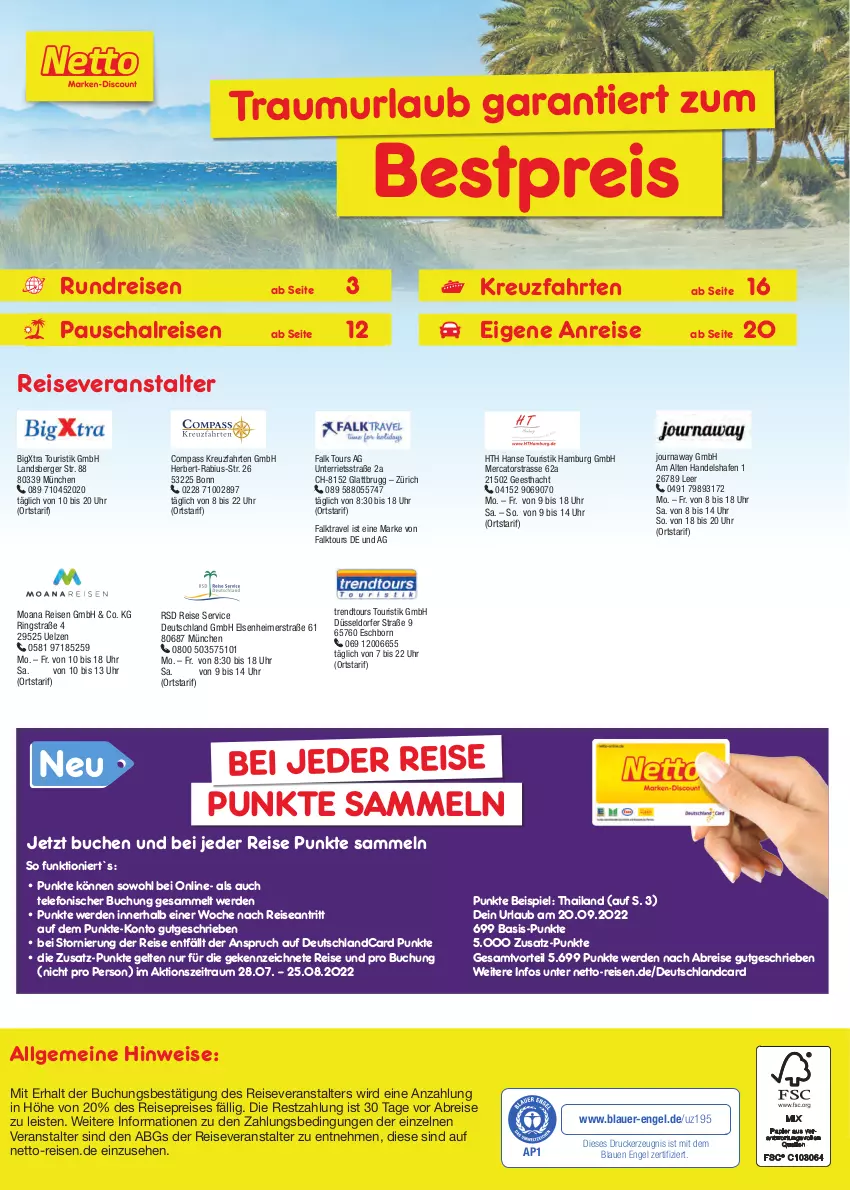 Aktueller Prospekt Netto Marken-Discount - Reise-Angebote August - von 28.07 bis 31.08.2022 - strona 2 - produkty: auer, Berger, bestpreis, Brei, buch, deutschlandcard, drucker, eimer, eis, Engel, erde, kerze, kreuzfahrten, LG, reis, reiseveranstalter, ring, Schal, telefon, Ti, trendtours touristik gmbh, uhr