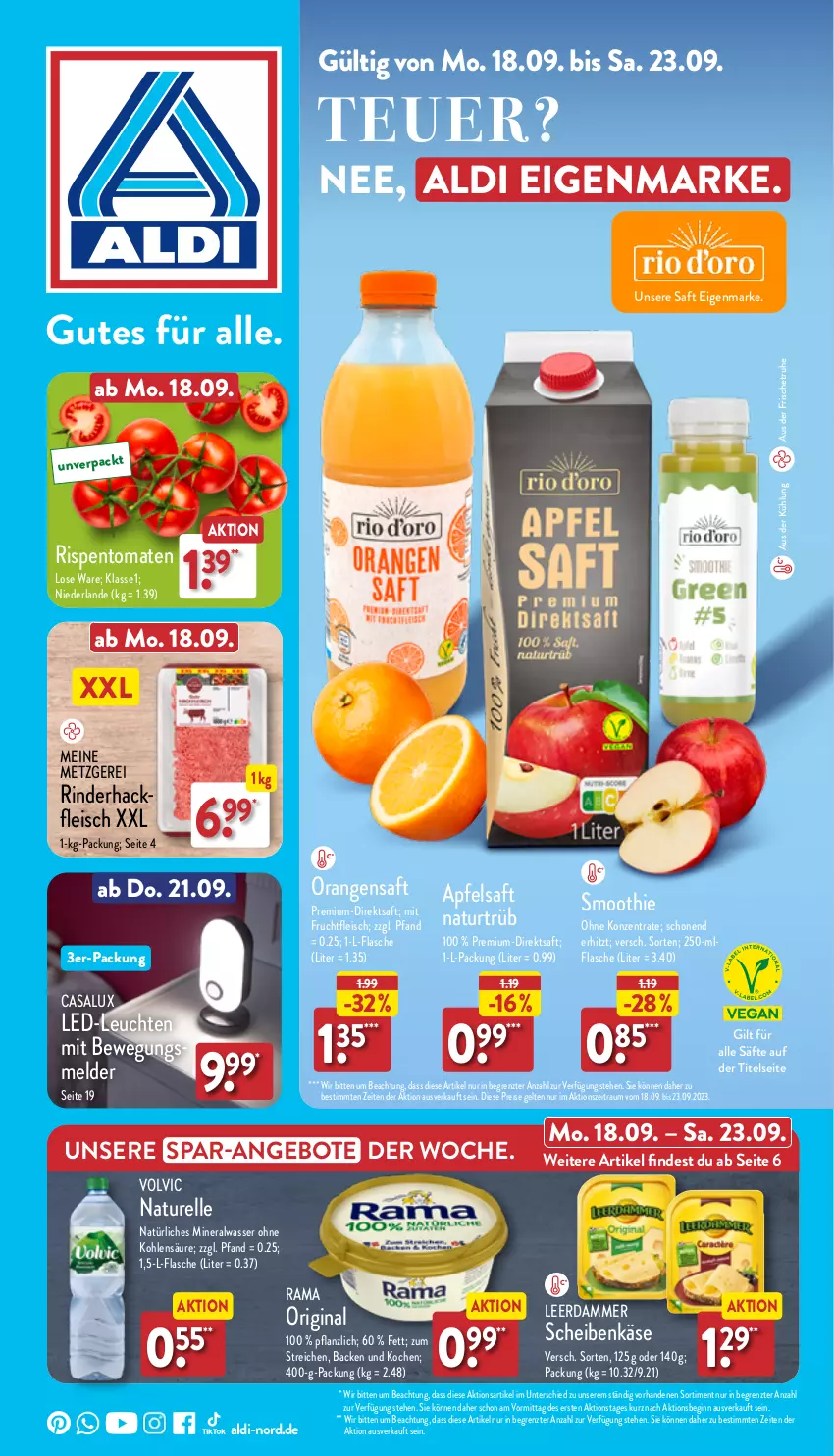 Aktueller Prospekt Aldi Nord - Von Montag - von 18.09 bis 23.09.2023 - strona 1 - produkty: aldi, Alwa, angebot, angebote, apfel, apfelsaft, direktsaft, eis, elle, flasche, fleisch, frucht, fruchtfleisch, gin, hackfleisch, Käse, LED-Leuchte, leerdammer, Leuchte, leuchten, mineralwasser, mit frucht, natur, natürliches mineralwasser, orange, orangen, orangensaft, rama, reis, rel, rind, rinder, rinderhackfleisch, rispentomaten, saft, säfte, smoothie, Ti, tomate, tomaten, volvic, wasser, ZTE