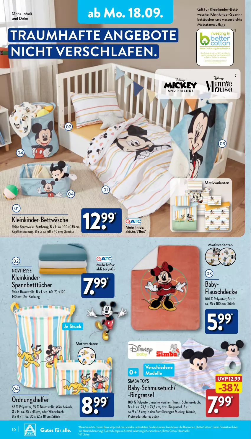 Aktueller Prospekt Aldi Nord - Von Montag - von 18.09 bis 23.09.2023 - strona 10 - produkty: aldi, angebot, angebote, Bau, baumwolle, bett, bettwäsche, decke, dell, disney, eis, elle, garnitur, Kinder, kissen, Kissenbezug, kopfkissen, kopfkissenbezug, korb, Kuschelweich, matratze, matratzen, matratzenauflage, Mode, Plüsch, reine baumwolle, Ria, ring, rwe, sim, simba, Spannbetttücher, Ti, tuc, tücher, wäschekorb, wasser, wolle