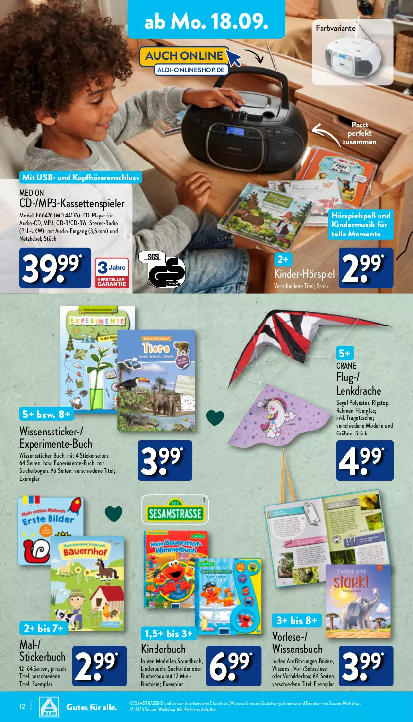 Aktueller Prospekt Aldi Nord - Von Montag - von 18.09 bis 23.09.2023 - strona 12 - produkty: aldi, buch, dell, elle, ente, Kinder, Kinderbuch, kopfhörer, Liederbuch, medion, Mode, Mp3, Radio, Ria, sesam, Soundbuch, Spiele, Stickerbuch, Tasche, Ti, tragetasche, usb