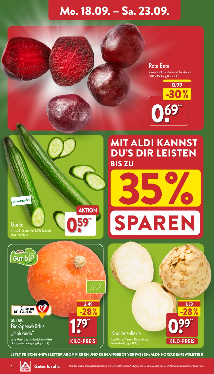 Aktueller Prospekt Aldi Nord - Von Montag - von 18.09 bis 23.09.2023 - strona 2 - produkty: aldi, angebot, bio, eis, elle, gurke, Kürbis, reis, rote bete, Ti, trolli, ZTE