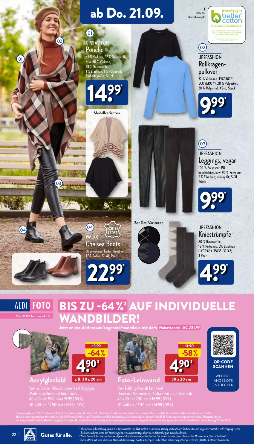 Aktueller Prospekt Aldi Nord - Von Montag - von 18.09 bis 23.09.2023 - strona 22 - produkty: aldi, angebot, angebote, Bau, baumwolle, bett, decke, dell, ecovero, eis, elle, gin, Glasbild, Holz, korb, leggings, lenzing, LG, Mode, ndk, Pullover, reis, Ria, ring, rwe, strümpfe, Ti, up2fashion, walkx, Wanddeko, wolle, ZTE