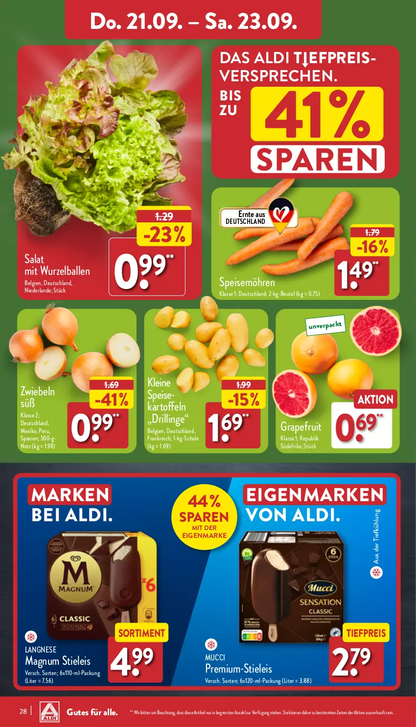 Aktueller Prospekt Aldi Nord - Von Montag - von 18.09 bis 23.09.2023 - strona 28 - produkty: aldi, aus der tiefkühlung, ball, beutel, eis, grapefruit, kartoffel, kartoffeln, langnese, leine, LG, magnum, möhren, reis, salat, Schal, Schale, speisemöhren, stieleis, Ti, tiefpreis, ZTE, zwiebel, zwiebeln