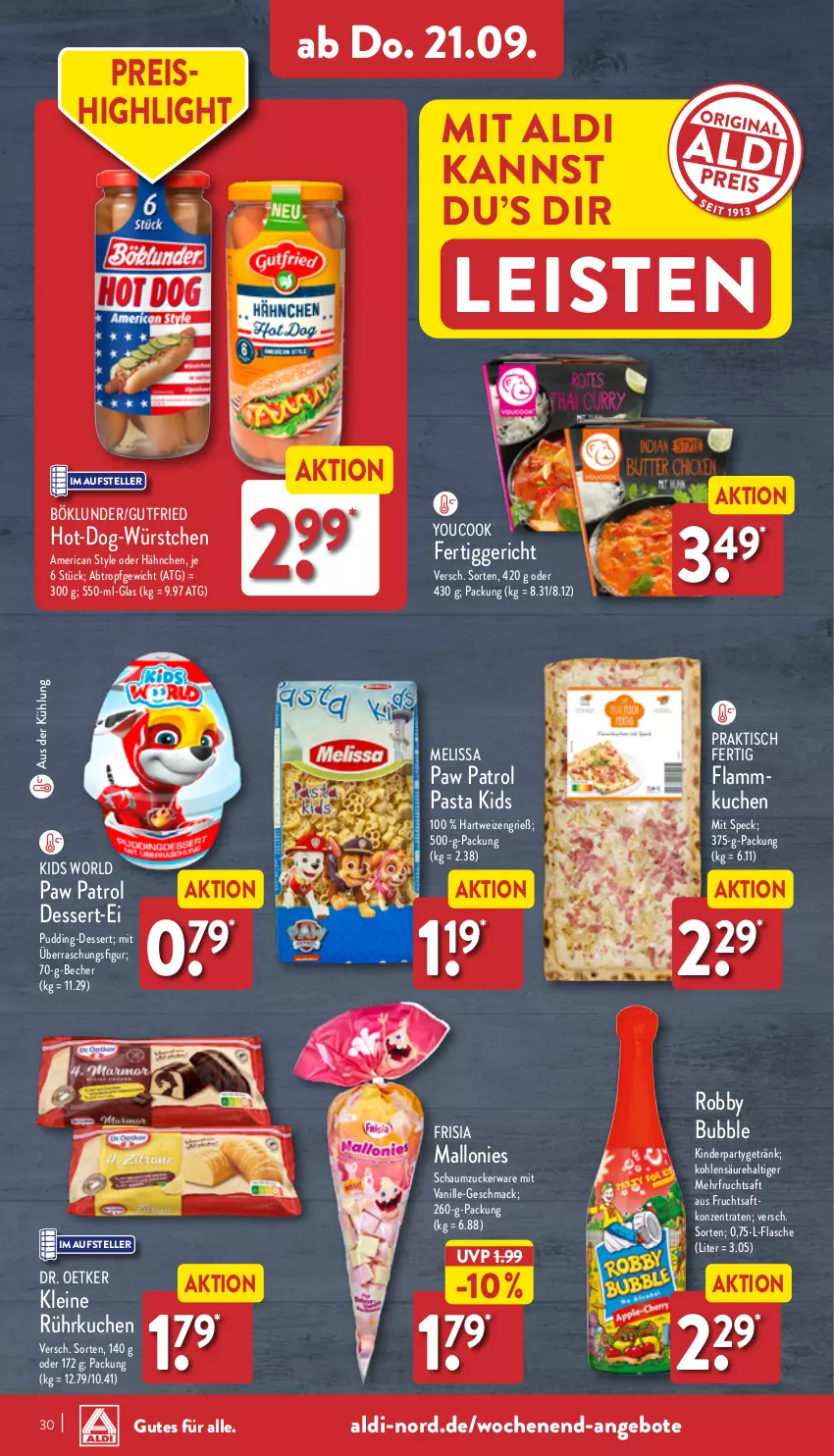 Aktueller Prospekt Aldi Nord - Von Montag - von 18.09 bis 23.09.2023 - strona 30 - produkty: aldi, angebot, angebote, Becher, böklunder, dessert, Dr. Oetker, eis, elle, fertiggericht, flasche, frucht, fruchtsaft, getränk, gutfried, hartweizen, Kinder, kuchen, lamm, leine, mac, pasta, Paw Patrol, pudding, reis, robby, saft, Schaumzucker, Speck, teller, Ti, tisch, vanille, würstchen, Yo, YouCook, zucker