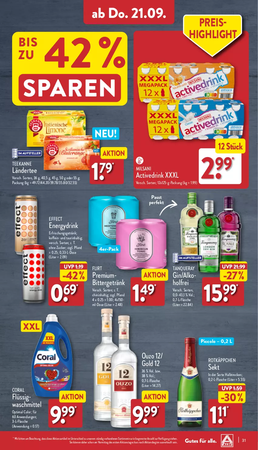 Aktueller Prospekt Aldi Nord - Von Montag - von 18.09 bis 23.09.2023 - strona 31 - produkty: alkohol, Coral, drink, Effect, eis, elle, erfrischungsgetränk, flasche, getränk, gin, Ländertee, ouzo, ouzo 12, reis, rotkäppchen, sekt, Tanqueray, tee, teekanne, teller, Ti, waschmittel, ZTE, zucker