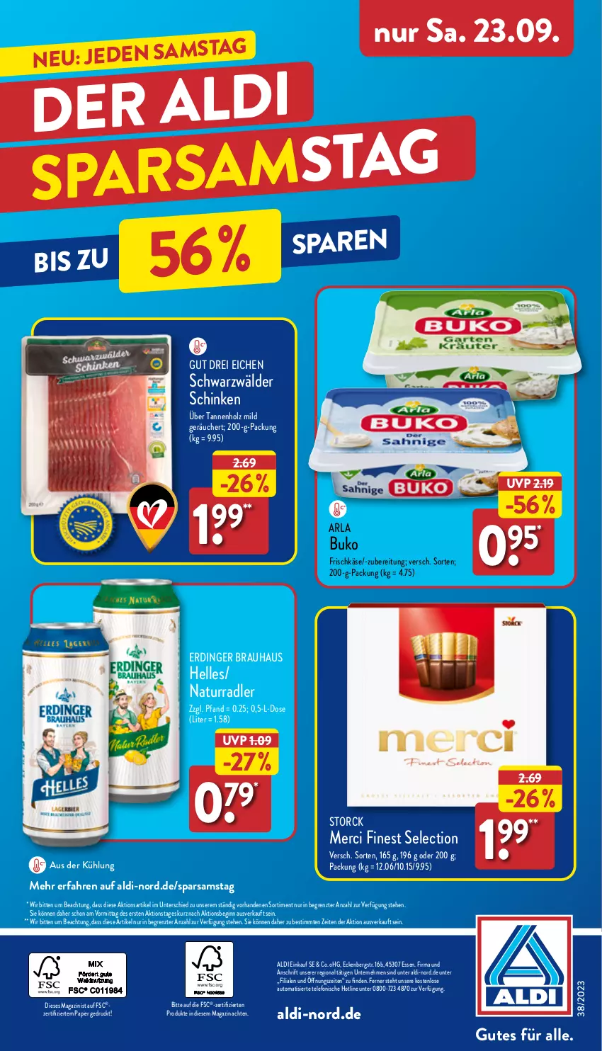 Aktueller Prospekt Aldi Nord - Von Montag - von 18.09 bis 23.09.2023 - strona 38 - produkty: aldi, arla, arla buko, auto, Buko, elle, erdinger, frischkäse, gin, Holz, Käse, magazin, merci, natur, papier, radler, schinken, schwarzwälder schinken, storck, telefon, Ti, ZTE