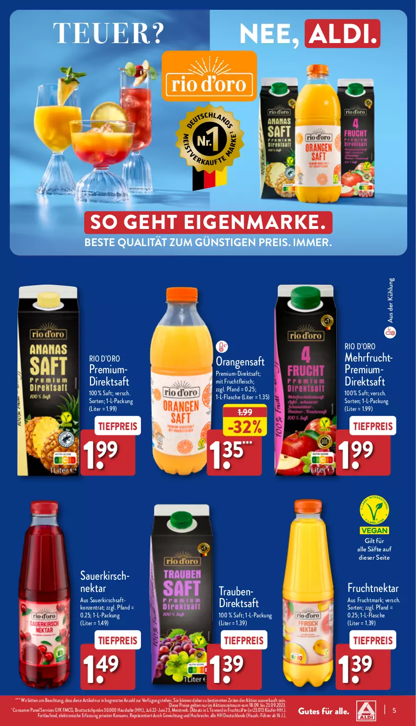 Aktueller Prospekt Aldi Nord - Von Montag - von 18.09 bis 23.09.2023 - strona 5 - produkty: aldi, auer, brut, direktsaft, eis, Elektro, flasche, fleisch, frucht, fruchtfleisch, Fruchtmark, fruchtsäfte, HP, kirsch, Laufen, mit frucht, Nektar, orange, orangen, orangensaft, reis, saft, säfte, Ti, tiefpreis, trauben, ZTE