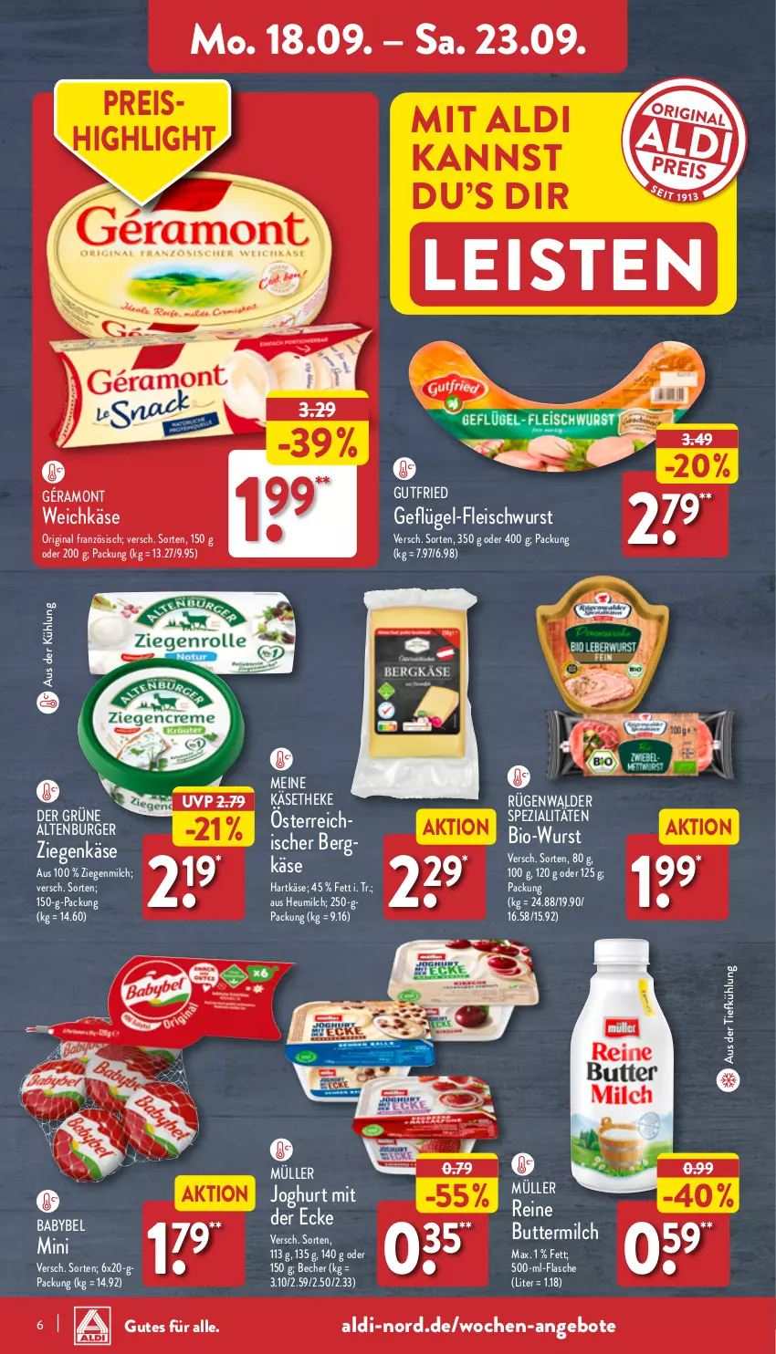 Aktueller Prospekt Aldi Nord - Von Montag - von 18.09 bis 23.09.2023 - strona 6 - produkty: aldi, altenburger, angebot, angebote, aus der tiefkühlung, babybel, Becher, Bergkäse, bio, burger, butter, buttermilch, eis, flasche, fleisch, fleischwurst, Geflügel, géramont, gin, gutfried, hartkäse, Heu, heumilch, joghur, joghurt, joghurt mit der ecke, Käse, käsetheke, milch, Müller, reis, rügenwalder, Spezi, Ti, weichkäse, wurst, ziegenkäse