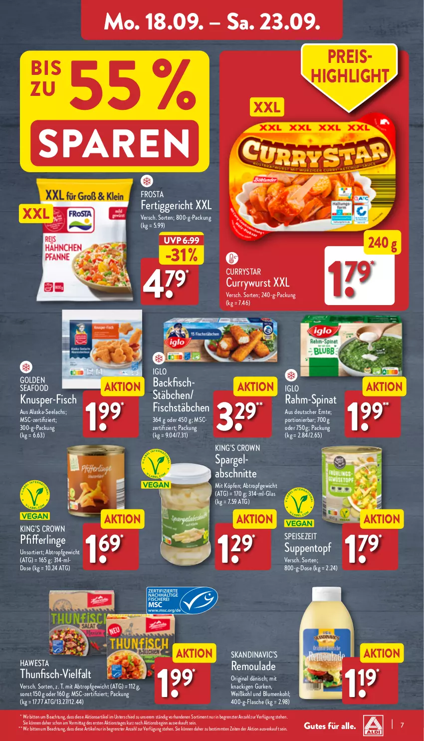 Aktueller Prospekt Aldi Nord - Von Montag - von 18.09 bis 23.09.2023 - strona 7 - produkty: Alaska-Seelachs, backfisch, blume, blumen, blumenkohl, curry, currywurst, eis, fertiggericht, fisch, fischstäbchen, flasche, frosta, gin, gurke, gurken, hawesta, iglo, lachs, Pfifferlinge, rahm-spinat, reis, remoulade, spargel, spinat, suppe, suppen, thunfisch, Ti, topf, Weißkohl, wurst, ZTE