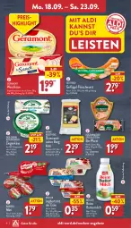 Gazetka promocyjna Aldi Nord - Von Montag - Gazetka - ważna od 23.09 do 23.09.2023 - strona 6 - produkty: aldi, altenburger, angebot, angebote, aus der tiefkühlung, babybel, Becher, Bergkäse, bio, burger, butter, buttermilch, eis, flasche, fleisch, fleischwurst, Geflügel, géramont, gin, gutfried, hartkäse, Heu, heumilch, joghur, joghurt, joghurt mit der ecke, Käse, käsetheke, milch, Müller, reis, rügenwalder, Spezi, Ti, weichkäse, wurst, ziegenkäse