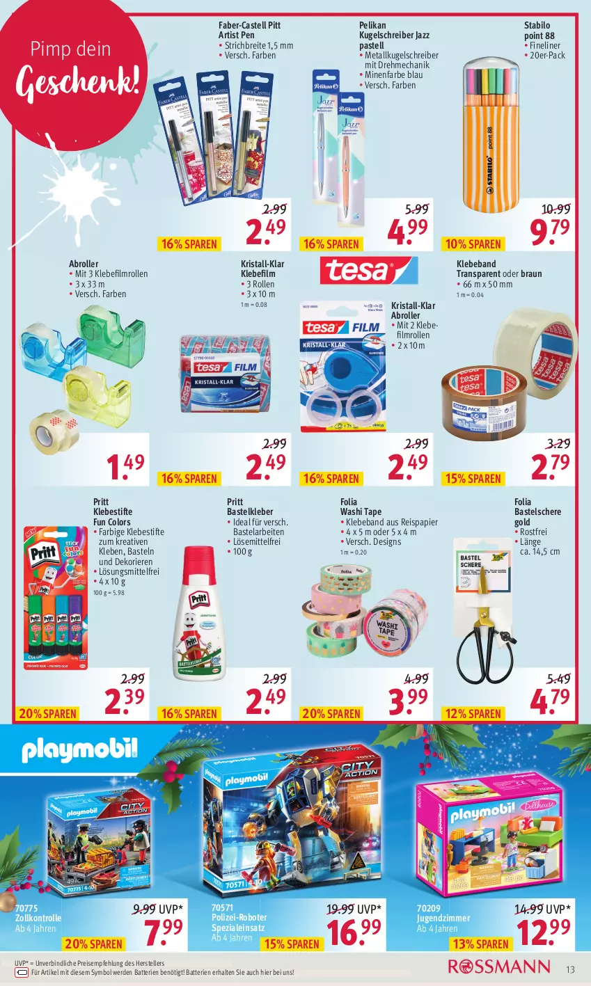 Aktueller Prospekt Rossmann - Prospekte - von 13.12 bis 24.12.2021 - strona 13 - produkty: batterie, batterien, Beba, braun, Brei, eis, elle, erde, Fineliner, Jugendzimmer, kleber, Kugel, kugelschreiber, papier, pelikan, pritt, reis, Roller, Schere, Spezi, stabilo, stifte, teller, Ti