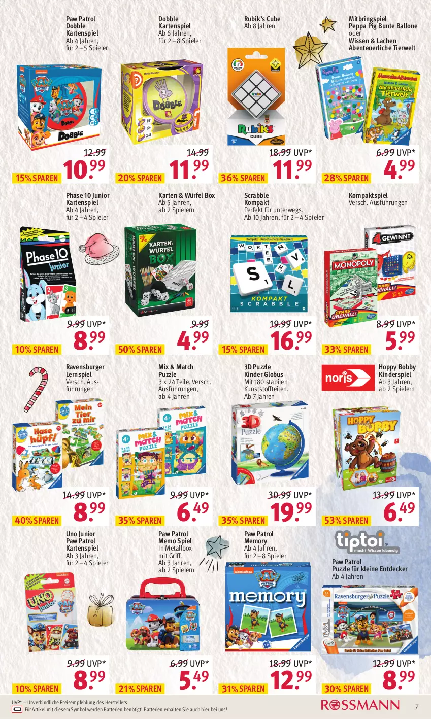 Aktueller Prospekt Rossmann - Prospekte - von 13.12 bis 24.12.2021 - strona 7 - produkty: ball, batterie, batterien, burger, decke, eis, elle, ente, erde, Kartenspiel, Kinder, Kinderspiel, leine, Lernspiel, Paw Patrol, Peppa Pig, Puzzle, ravensburger, reis, ring, rwe, Spiele, teller, Ti, würfel