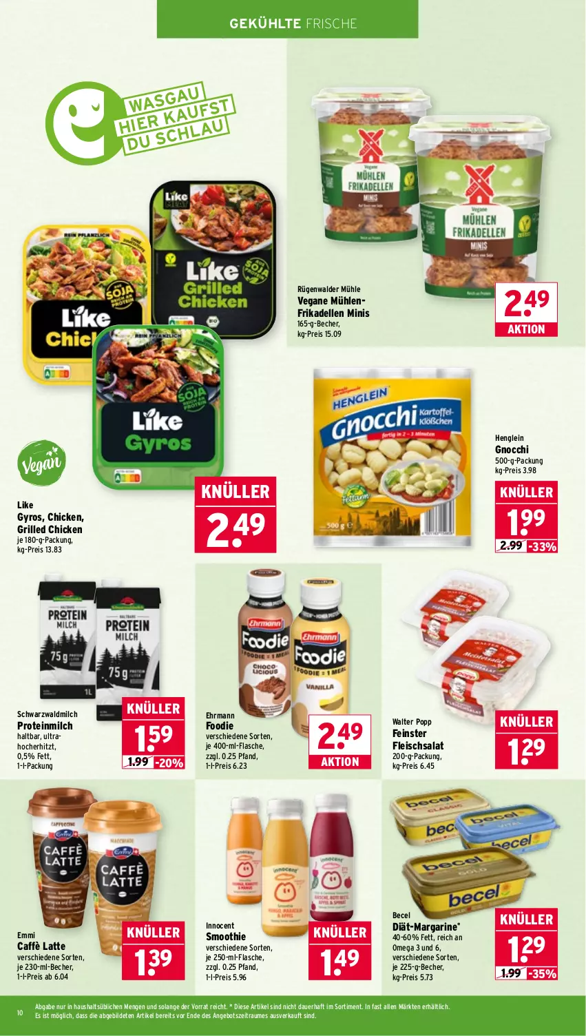 Aktueller Prospekt Wasgau - von 02.03 bis 07.03.2026 - strona 10 - produkty: angebot, auer, becel, Becher, caffè latte, dell, ehrmann, eis, elle, emmi, flasche, fleisch, fleischsalat, frikadellen, gnocchi, grill, gyros, henglein, Innocent, latte, margarine, milch, omega, Popp, reis, rügenwalder, rügenwalder mühle, salat, smoothie, Ti