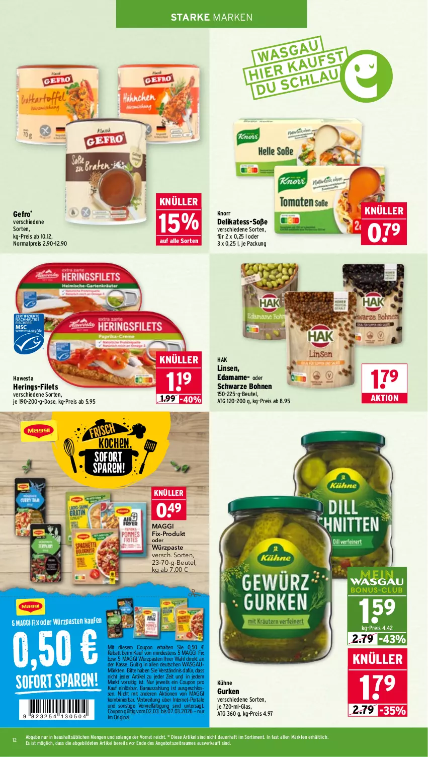 Aktueller Prospekt Wasgau - von 02.03 bis 07.03.2026 - strona 12 - produkty: angebot, auer, beutel, bohne, bohnen, Brei, coupon, eis, filet, filets, gin, gurke, gurken, hawesta, hering, Herings, knorr, Kühne, linsen, maggi, maggi fix, mam, reis, ring, Soße, Ti
