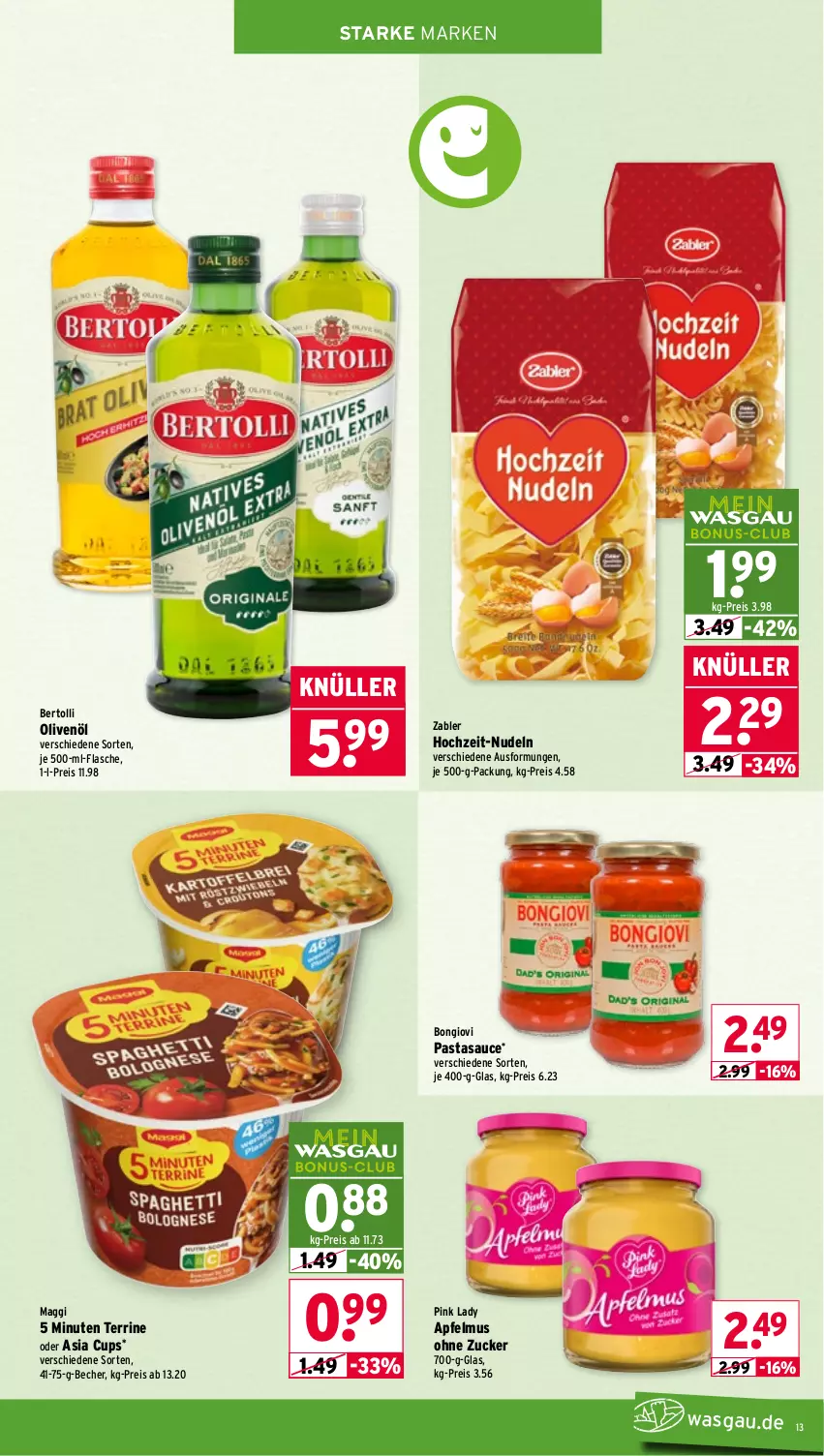 Aktueller Prospekt Wasgau - von 02.03 bis 07.03.2026 - strona 13 - produkty: apfel, apfelmus, Becher, bertolli, eis, flasche, je 500-ml-flasche, maggi, nudel, nudeln, olive, oliven, olivenöl, pasta, Pink Lady, reis, sauce, terrine, Zabler, zucker