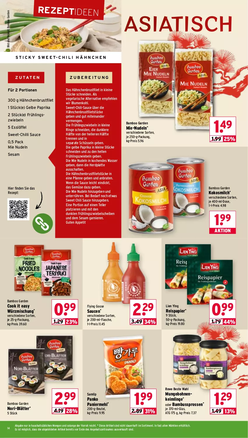 Aktueller Prospekt Wasgau - von 02.03 bis 07.03.2026 - strona 14 - produkty: angebot, auer, bamboo, bambus, beutel, blume, blumen, blumenkohl, bohne, bohnen, braten, brustfilet, chili, eis, elle, filet, filets, flasche, garnier, hähnchenbrust, hähnchenbrustfilet, je 250-g-packung, kokos, kokosmilch, latte, leine, Löffel, mehl, milch, nudel, nudeln, Paniermehl, papier, paprika, pfanne, reis, rewe beste wahl, rezept, ring, sauce, saucen, Schal, schüssel, sesam, Sweet-Chili-Sauce, teller, Ti, tisch, Vegeta, wasser, zwiebel, zwiebeln