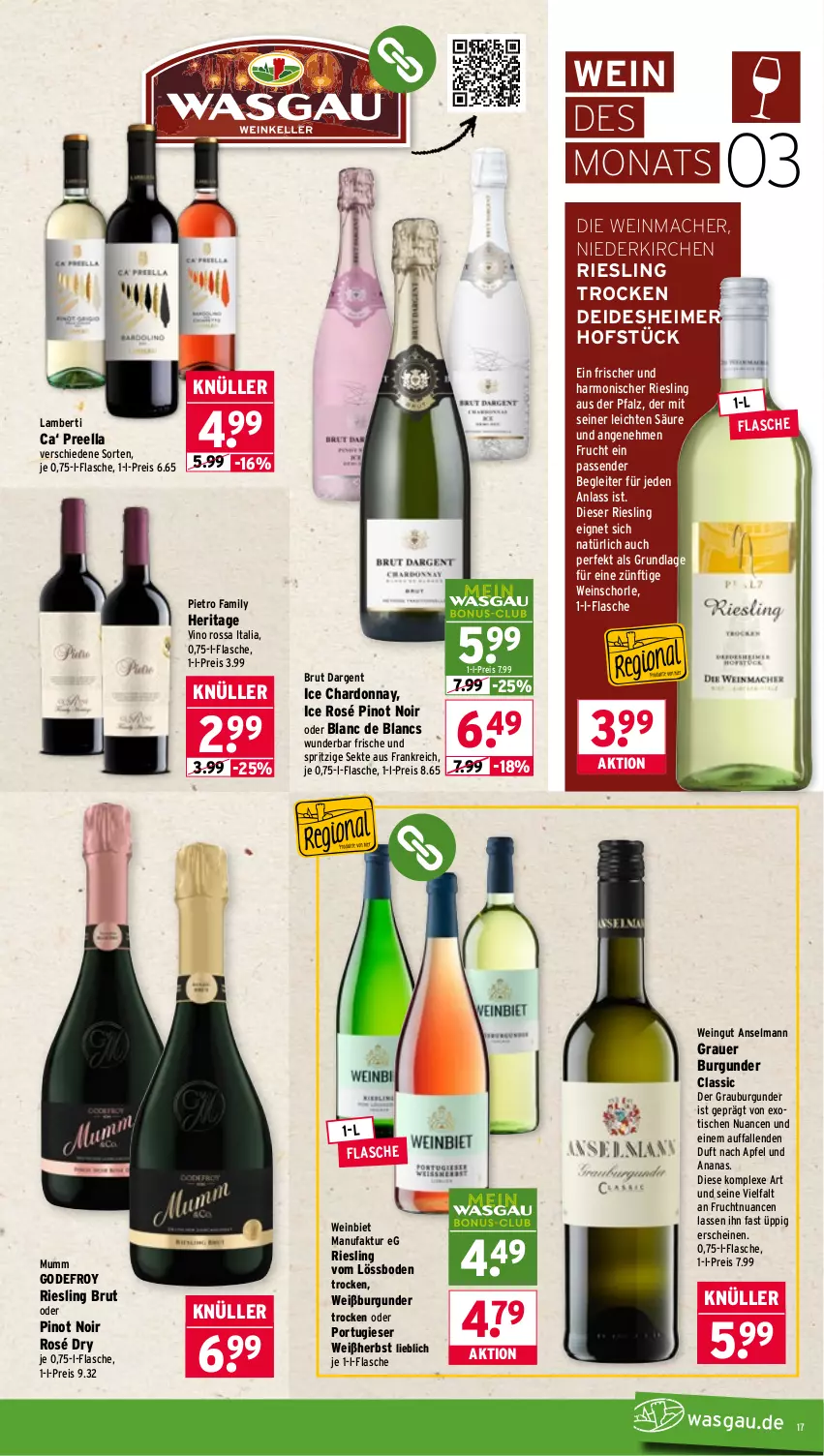 Aktueller Prospekt Wasgau - von 02.03 bis 07.03.2026 - strona 17 - produkty: Amber, ananas, apfel, auer, brut, brut dargent, burgunder, chardonnay, de blancs, eimer, eis, Faktu, flasche, frucht, grauburgunder, grauer burgunder, mac, mumm, Nuance, Pinot, pinot noir, reis, riesling, schorle, sekt, Ti, tisch, wein, weinschorle, Weißburgunder