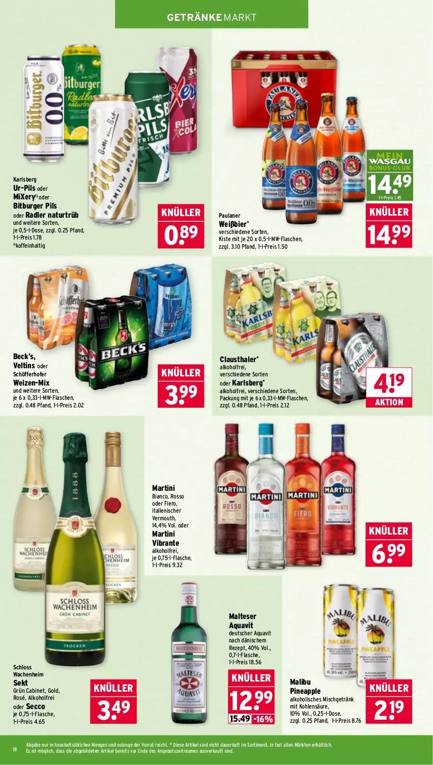 Aktueller Prospekt Wasgau - von 02.03 bis 07.03.2026 - strona 18 - produkty: alkohol, angebot, Apple, aqua, aquavit, auer, aust, bier, bitburger, bitburger pils, burger, clausthaler, ecco, eis, flasche, getränk, getränke, karlsberg, Malibu, malteser, martini, Mixer, mixery, mw-flasche, natur, oder radler, Paula, paulaner, pils, radler, reis, rezept, schöfferhofer, sekt, Ti, veltins, Vermouth