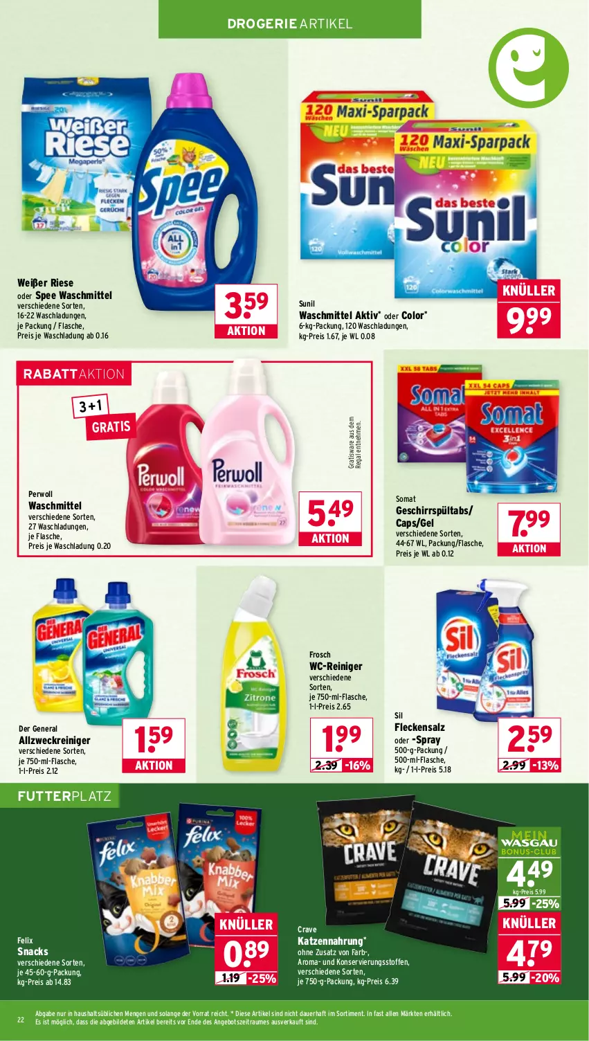 Aktueller Prospekt Wasgau - von 02.03 bis 07.03.2026 - strona 22 - produkty: allzweckreiniger, angebot, auer, Cap, eis, felix, flasche, Frosch, geschirr, katzennahrung, perwoll, regal, reiniger, reis, salz, snack, snacks, somat, spee, sunil, Ti, waschmittel, wc-reiniger, weck