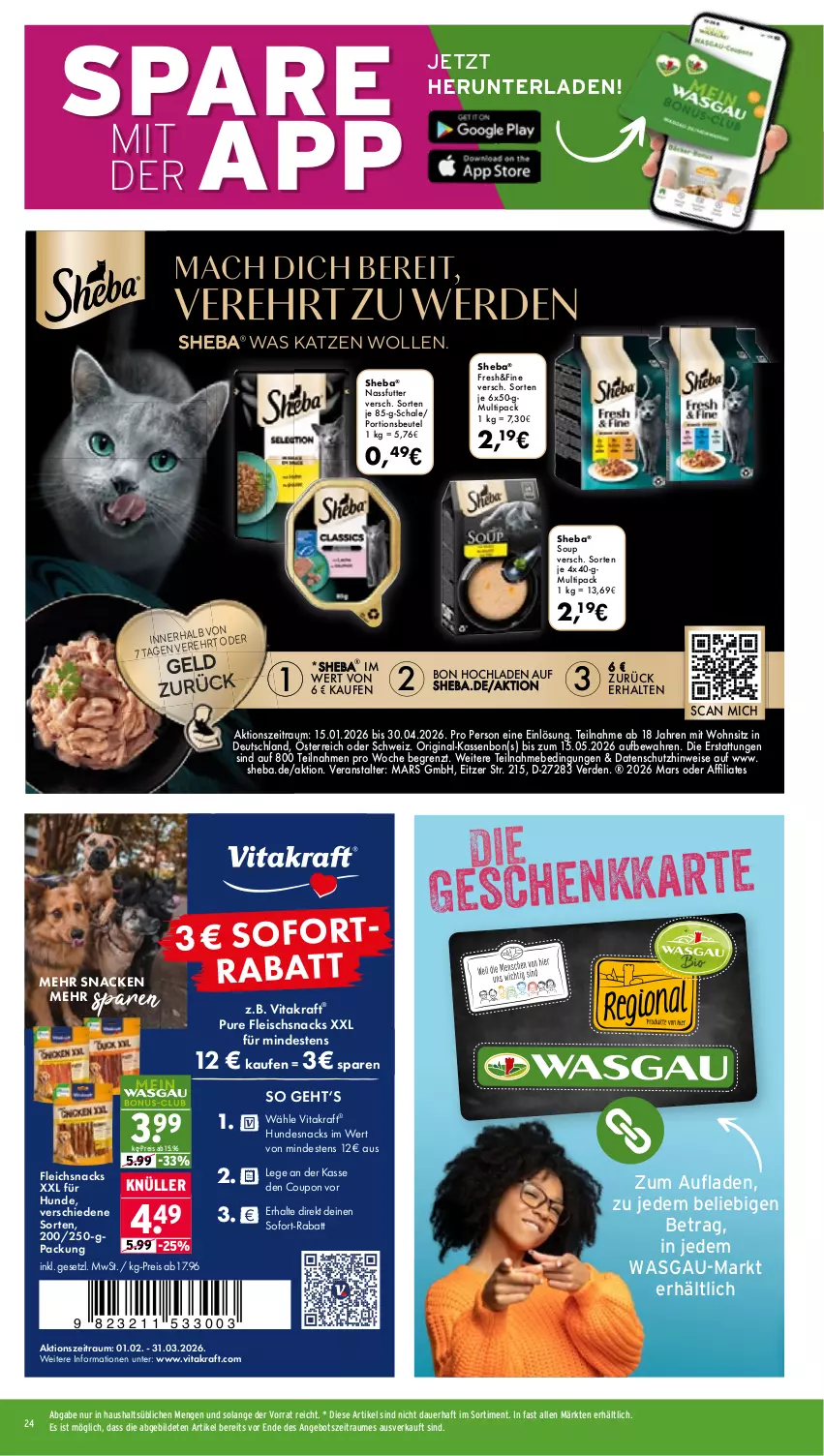 Aktueller Prospekt Wasgau - von 02.03 bis 07.03.2026 - strona 24 - produkty: angebot, auer, beutel, coupon, eis, erde, fleisch, gin, hundesnack, hundesnacks, kraft, mac, mars, nassfutter, portionsbeutel, reis, Schal, Schale, sheba, snack, snacks, sofort-rabatt, Ti, vita, vitakraft, wolle