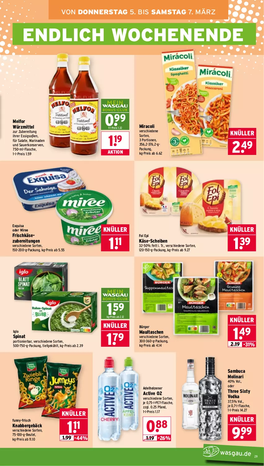 Aktueller Prospekt Wasgau - von 02.03 bis 07.03.2026 - strona 29 - produkty: adelholzener, auer, beutel, eis, essig, exquisa, flasche, fol epi, frischkäse, frischkäsezubereitung, funny-frisch, Holz, iglo, Käse, Konserven, marinade, maultaschen, miracoli, miree, Molinari, pet-flasche, reis, salat, salate, sambuca, Soße, spinat, Tasche, taschen, Three Sixty, Ti, vodka