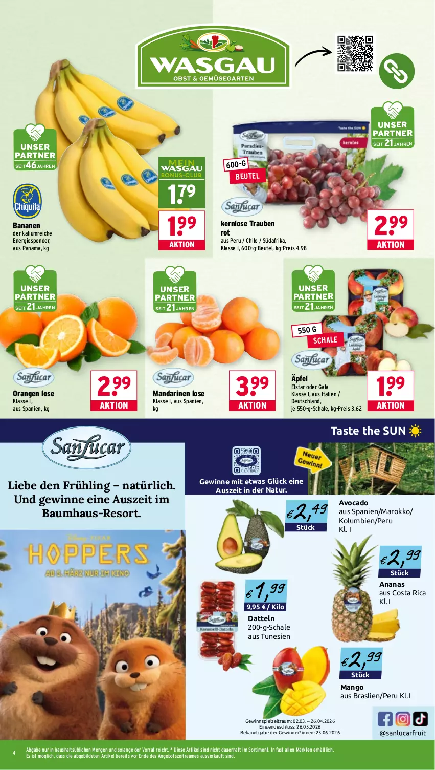Aktueller Prospekt Wasgau - von 02.03 bis 07.03.2026 - strona 4 - produkty: ananas, angebot, auer, avocado, banane, bananen, Bau, beutel, Datteln, eis, gewinnspiel, mandarine, mandarinen, mango, natur, orange, orangen, reis, Schal, Schale, Ti, trauben
