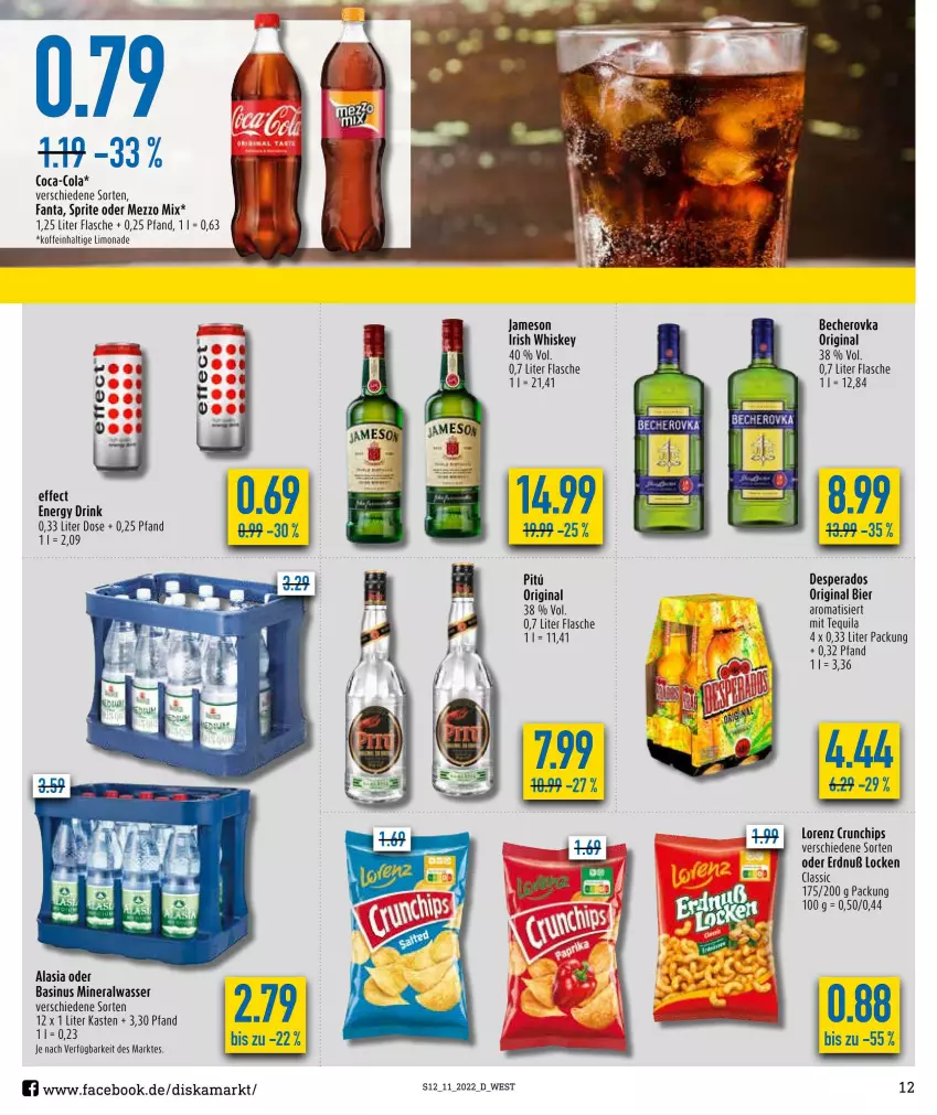 Aktueller Prospekt Diska - Prospekte - von 14.03 bis 19.03.2022 - strona 12 - produkty: Alwa, Becher, Becherovka, bier, chips, crunchips, desperados, drink, Effect, energy drink, fanta, flasche, gin, hero, irish whiskey, jameson, limo, limonade, lorenz, lorenz crunchips, Mezzo Mix, mineralwasser, sprite, tequila, Ti, wasser, whiskey