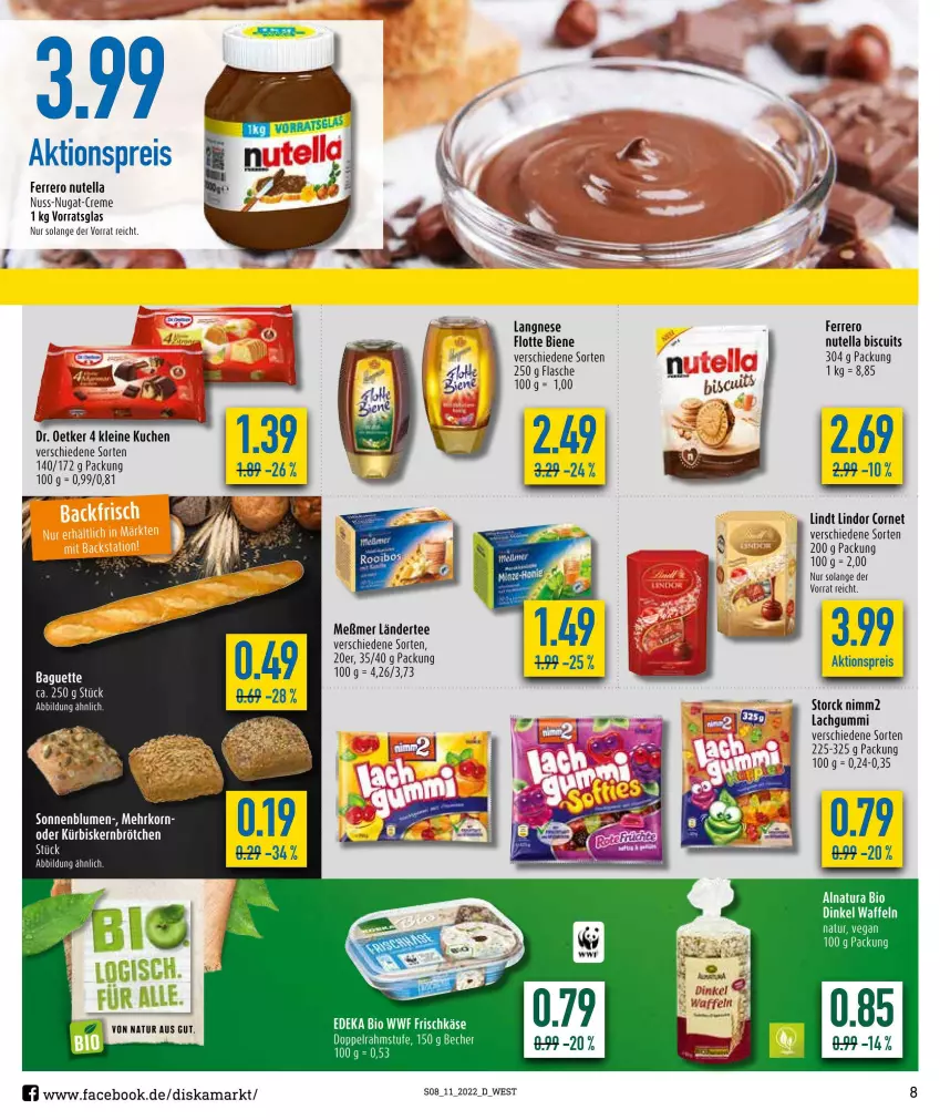 Aktueller Prospekt Diska - Prospekte - von 14.03 bis 19.03.2022 - strona 8 - produkty: aktionspreis, Bau, Becher, bio, deka, doppelrahmstufe, edeka bio, eis, ferrero, flasche, frischkäse, Käse, kuchen, lachgummi, Ländertee, langnese, leine, lindor, lindt, Meßmer, natur, natura, nimm2, nuss, nutella, reis, storck, tee, Ti