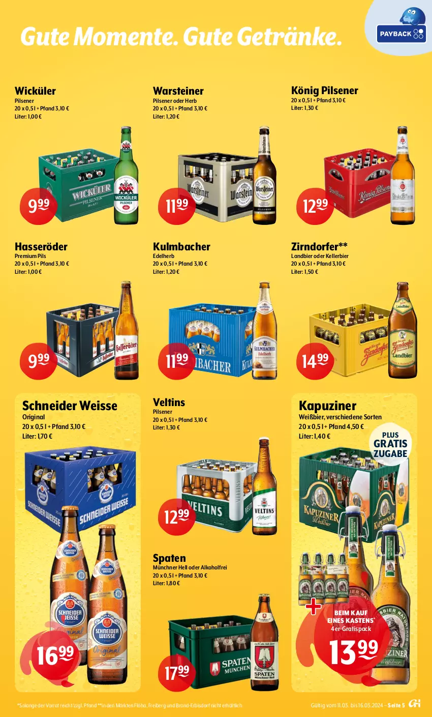 Aktueller Prospekt Getraenke Hoffmann - Prospekte - von 11.03 bis 16.03.2024 - strona 5 - produkty: alkohol, bier, eis, elle, ente, getränk, getränke, gin, hasseröder, kellerbier, könig pilsener, pils, pilsener, premium pils, Spaten, steiner, Ti, veltins, veltins pilsener, warsteiner, WICK