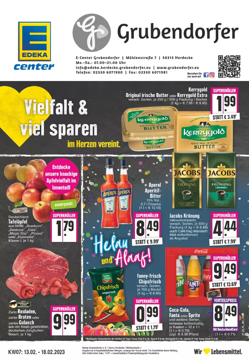 Aktueller Prospekt E Center - Angebote der Woche - von 13.02 bis 18.02.2023 - strona 1 - produkty: angebot, apfel, Becher, beutel, braten, butter, chips, chipsfrisch, cola, decke, deka, eis, Elvie, ente, erde, flasche, fleisch, gin, gulasch, irische butter, jungbullen, kerrygold, kerrygold extra, lebensmittel, Rubin, schnitten, tafeläpfel, telefon, Ti, uhr